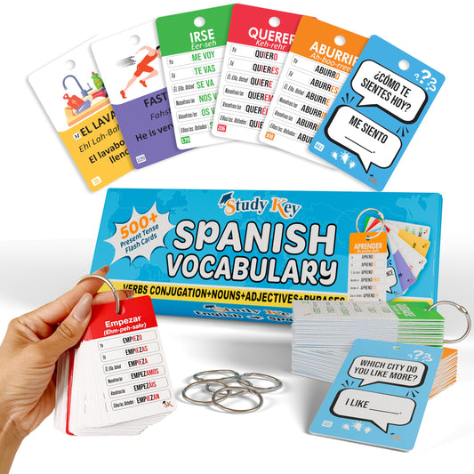 500+ English-Spanish Flash Cards for Adults and Kids 15+, Verb Conjugation, Nouns, Adjectives, and Phrases to Learn Spanish for Adult Beginners