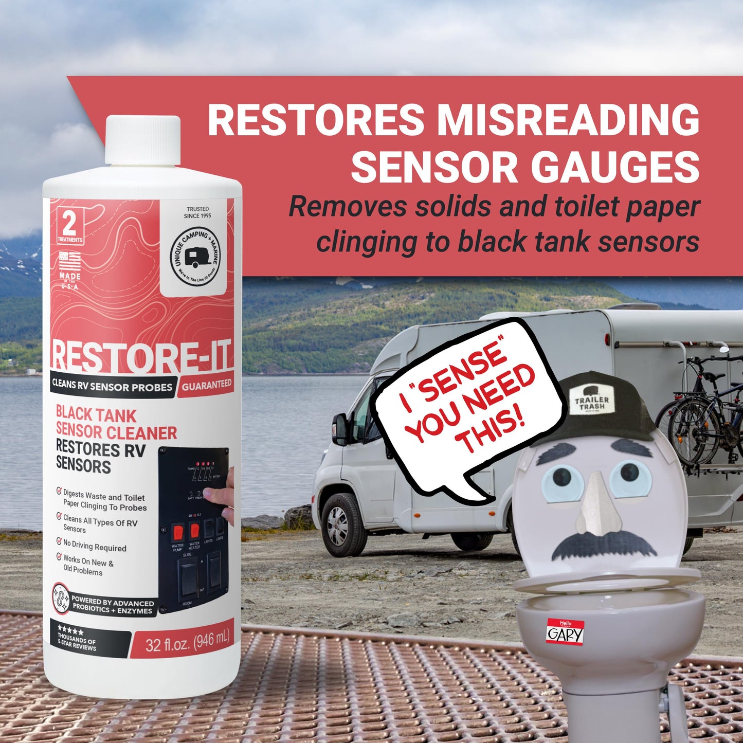 Unique Restore-It RV Sensor Cleaner Liquid for Black Water Holding Tanks - Cleans and Restores Misreading Camper Black Tank Sensor Probes, Formerly Sensor Cleaner, CA Compliant (32 oz.)