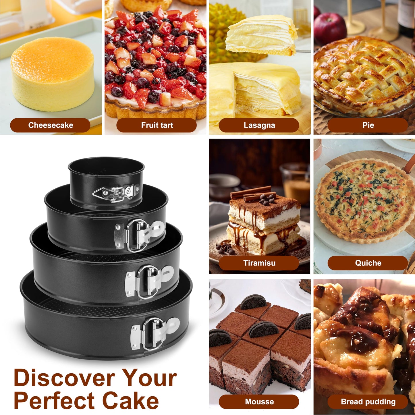isheTao Springform Cake Pan Set of 4 (4” 7” 9” 10”), Black Cheesecake Pan, Round Nonstick Baking Pans Spring Form for Cheesecake, Removable Bottom, Leakproof Bakeware Sets