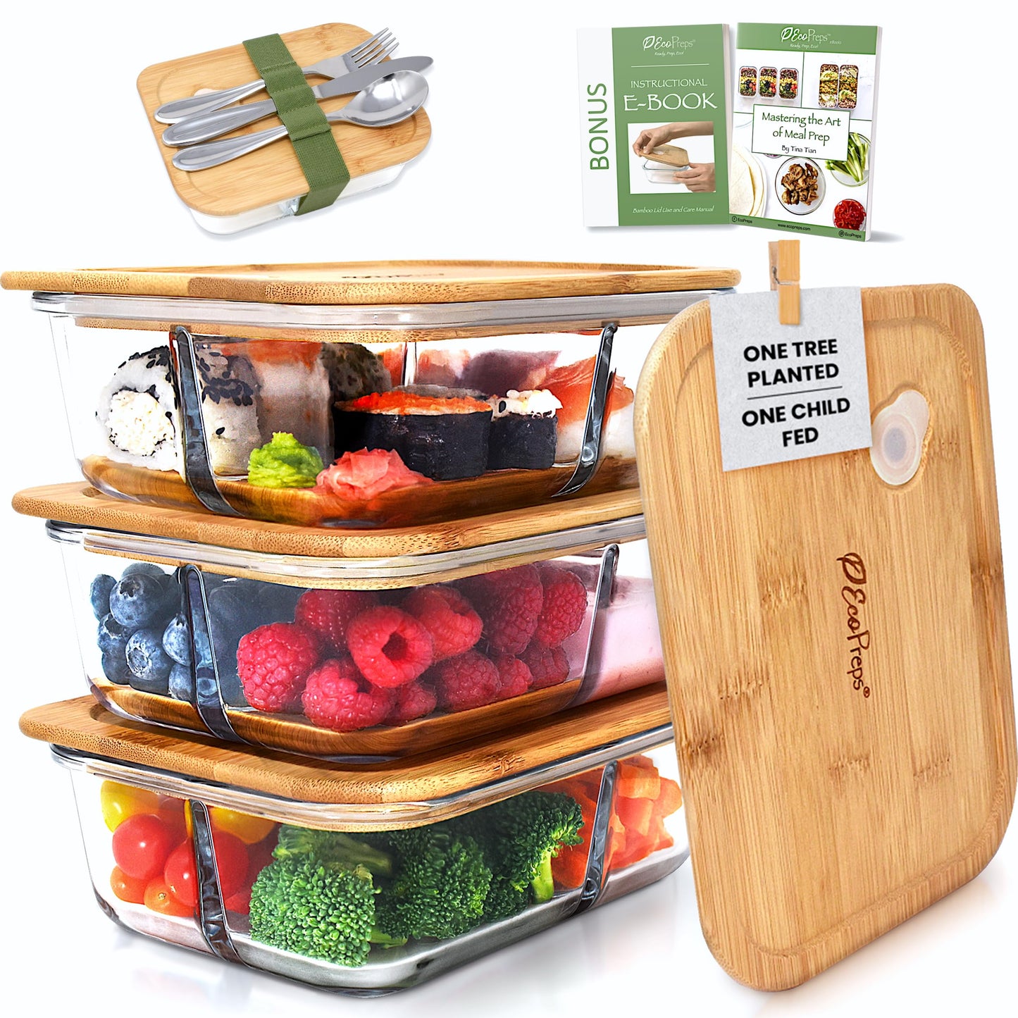EcoPreps Glass Bento Boxes with Bamboo Lids, 3-Compartment Meal Prep Containers - 3 Pack, Eco-Friendly, Freezer Safe Glass Lunch Boxes