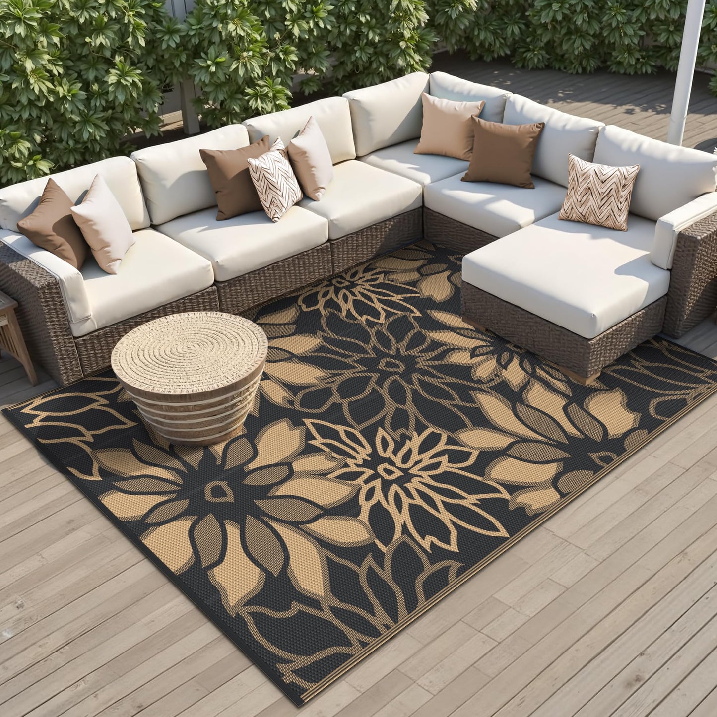 GENIMO Outdoor Rug Waterproof for Patio Decor, Reversible Plastic Straw Floral Camping Carpet, Large Area Rugs Mats for RV, Camper, Deck, Balcony, Porch, Beach, Picnic, Black & Brown