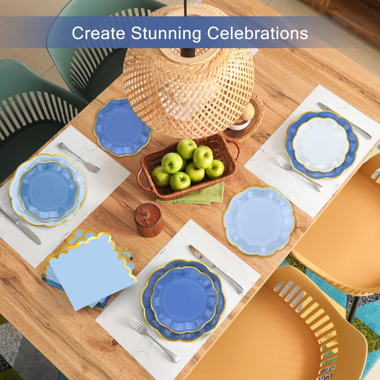 Kochorie 100 Pcs Dusty Blue Paper Plates and Napkins Gold Foil Scalloped Paper Plates & Napkins Disposable Tableware Set for Birthday Wedding Baby Shower Party Decorations