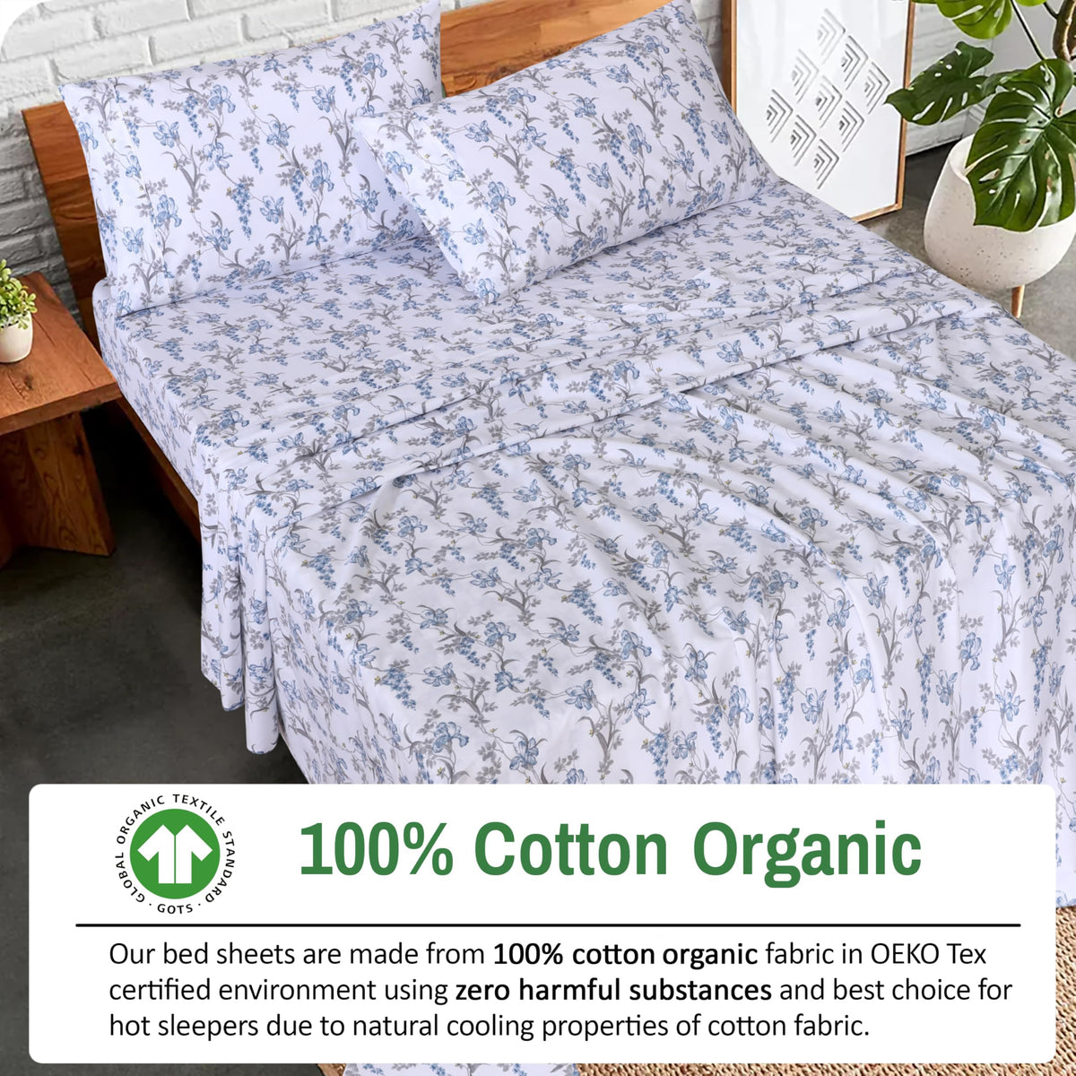 RUVANTI 100% Organic Cotton Sheets - Queen Sheet Set - 4 Piece Percale Weave Bedding, Crisp, Cooling & Breathable, Soft & Durable, 16" Deep Pocket, Hotel Quality Sábanas - Deluxe
