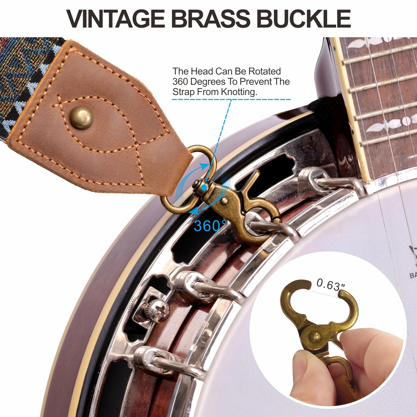 Nefelibata Banjo Strap, 2" Wide Double Crazy Horse Leather Jacquard Embroidery Strap Adjustable Replacement,Multi-pattern Strap With Metal Clips