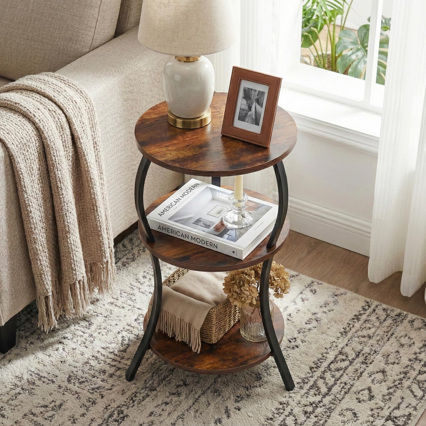 Vintage Round End Table, 3-Tier Slim Waist End Table with Storage Shelf, Small Round Table,Sofa Side Table,Small Round Vintage Table
