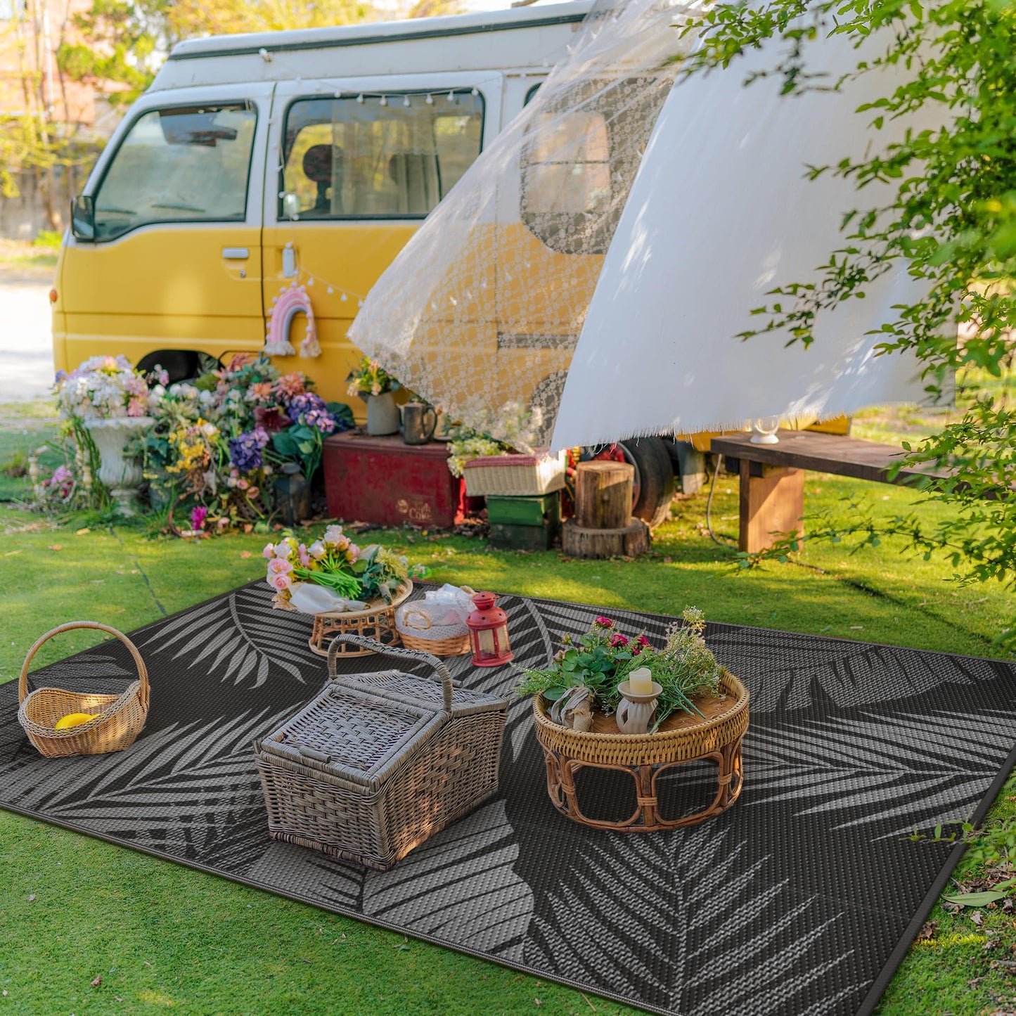 GENIMO Outdoor Rug Waterproof for Patios Clearance, Reversible Outdoor Plastic Straw Camping Rug Carpet, Large Area Rugs Mats for RV, Camper, Deck, Balcony, Porch, Backyard, Beach, Picnic. Leaf