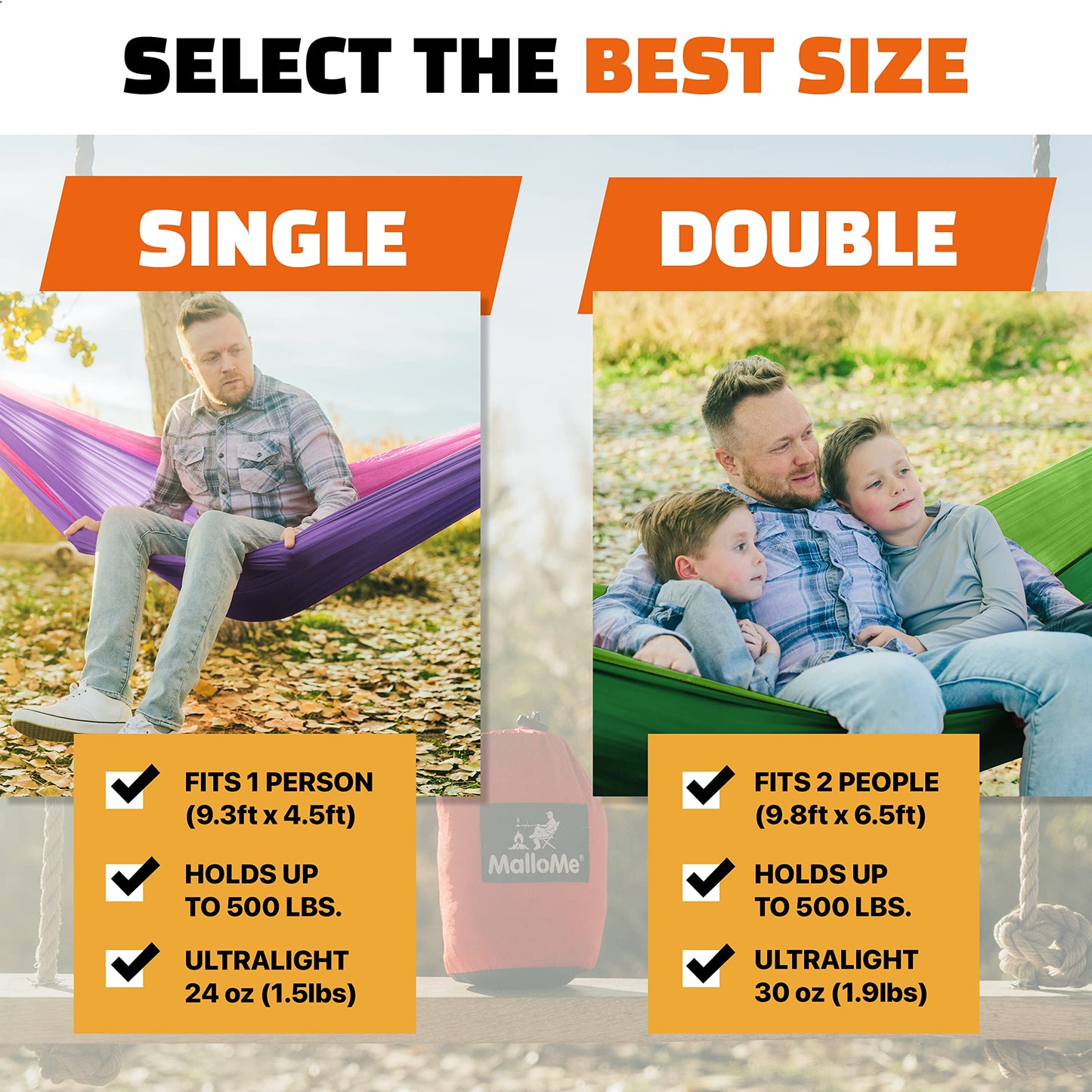 MalloMe Camping Hammock with Straps - Heavy Duty Outdoor Hammocks Portable Hammock 1 & 2 Two Person Double Hammock - Amacas Hamacas Para Adultos & Kids Backpacking Tree Hamock Hammok Hamic Small Large