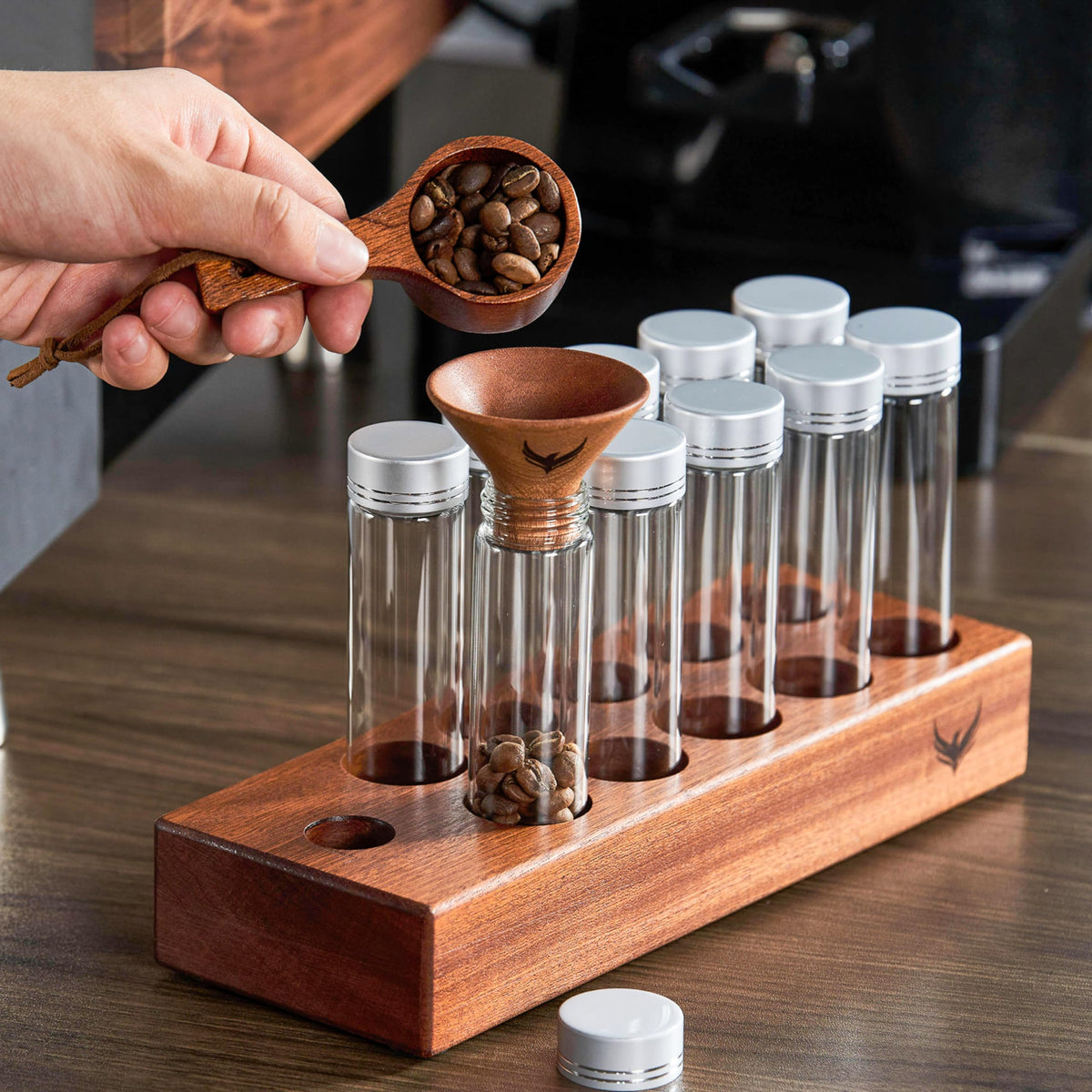 KNODOS Single Dose Coffee Bean Storage Tubes Coffee Bean Cellar 10 Pcs Dosing Glass Vials With Lids (2 Oz) Wooden Display Stand And Funnel