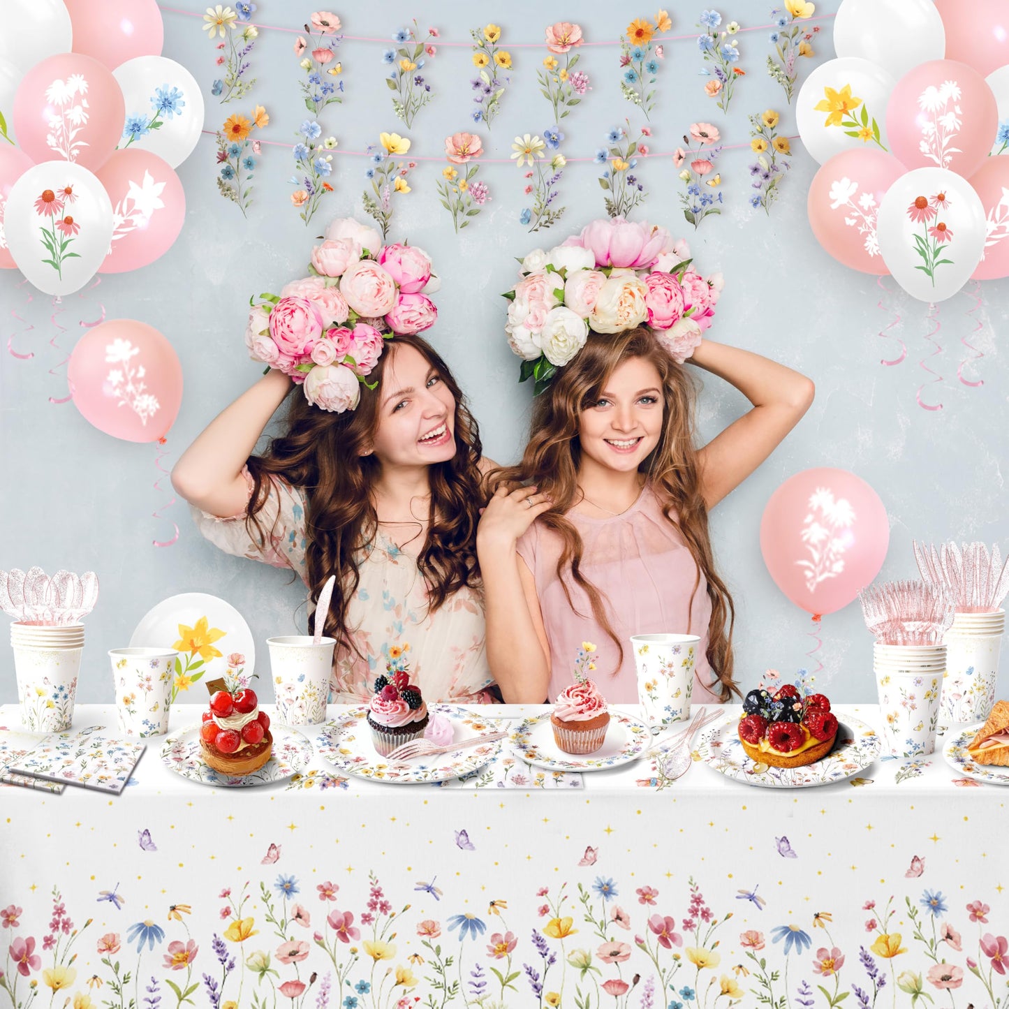 202PCS Wildflower Party Decorations Set for 24 Guests – Floral Plates, Cups, Napkins, Banner, Balloons, Tablecloth & Cutlery | Garden Baby Shower, Spring Birthday Party Supplies