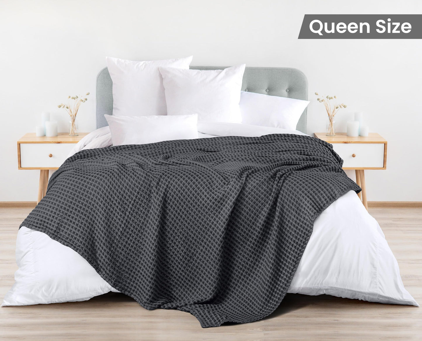 Utopia Bedding 100% Cotton Waffle Weave Blanket Queen Size for Bed - Lightweight, Breathable Summer Blanket, Soft Cozy Gift for Mother’s Day Home Decor (Charcoal, 90x90 Inch)