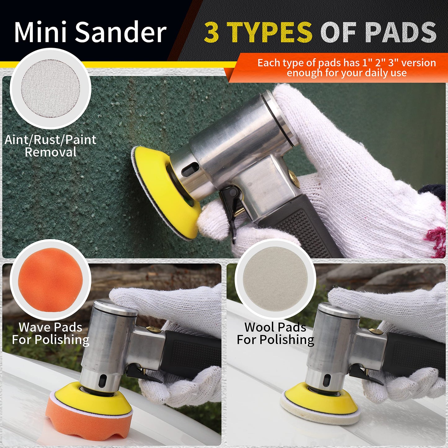 1/2/3 Inch Mini Air Angle Sander Air Random Orbital Palm Sander Grinder for Auto Body Work, High Speed Air Powered Sanders & Polisher with 27 Polishing Pads Buffing Pads and 30 Sandpapers (silver)