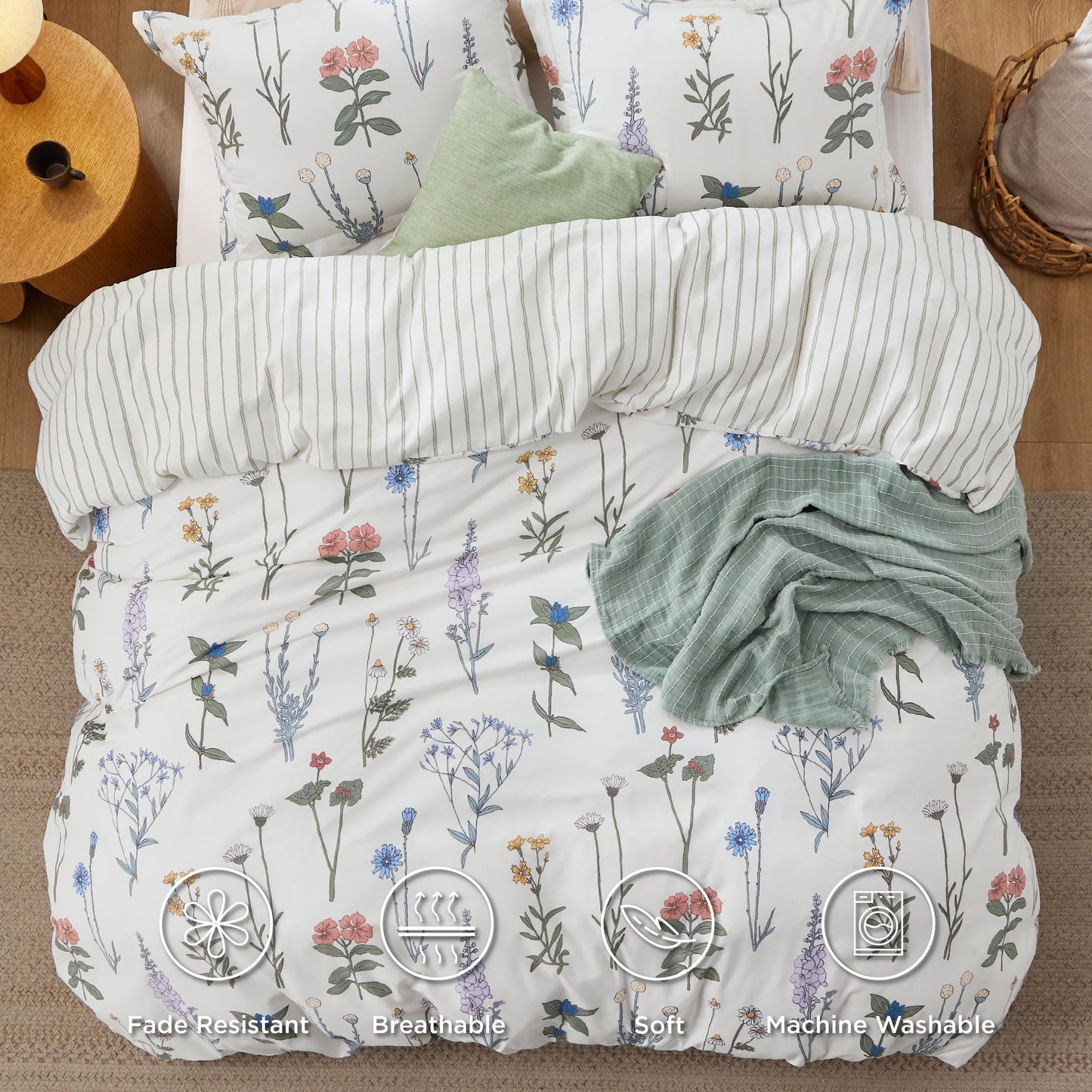 Bedsure Duvet Cover Queen Size - Reversible Botanical Floral Duvet Cover Set for Kids & Adults with Zipper Closure, 3 Pieces White Bedding Set with 8 Corner Ties and 2 Pillow Shams 20"x26"