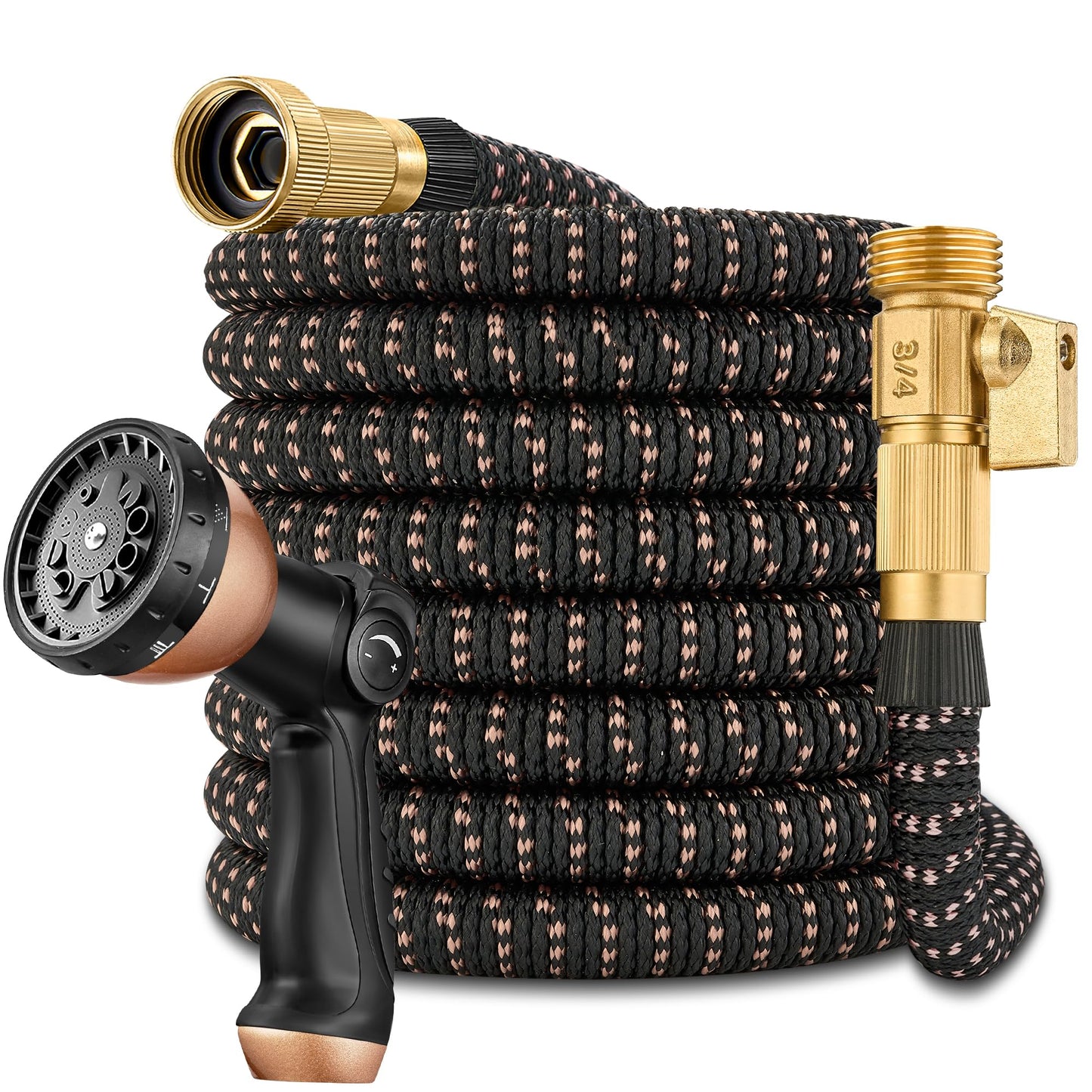 100 Foot Garden Hose – 2026 Upgarded Expandable Garden Hose w/10 Pattern Spray Nozzle, 650psi Brass 3/4” Fittings – Lightweight, Durable, Kink-Free, Retractable Water Hoses for Gardening(Black Gold)
