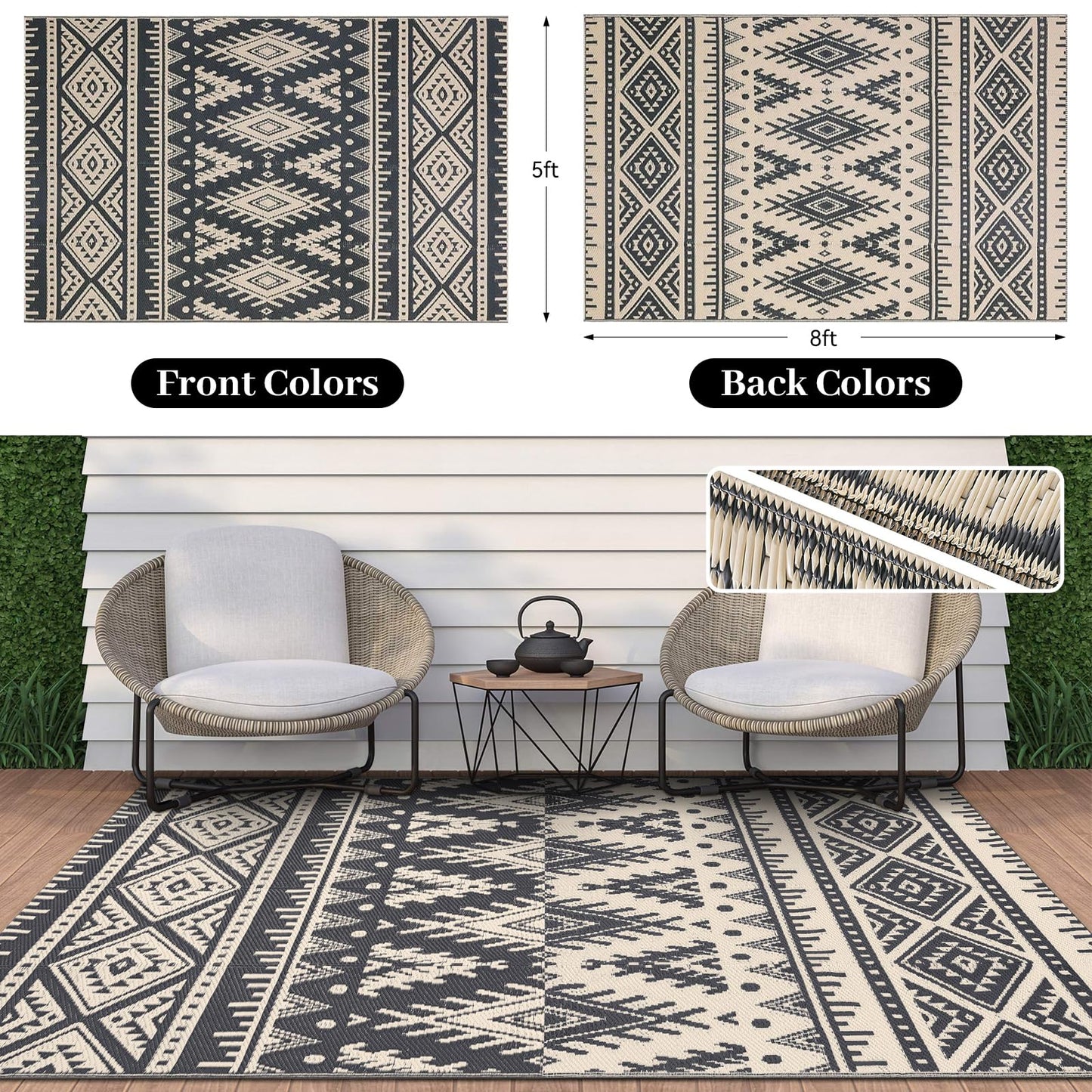OLANLY Waterproof Outdoor Rug 5x8 ft, Reversible Plastic Straw Patio Camping Rugs, Large Foldable Outdoor Carpet Deck Rugs for Patio, RV, Outside Entry, Backyard, Bench, Picnic, Black & Beige