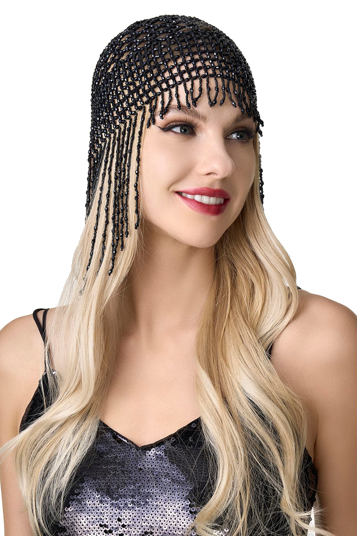 BABEYOND 1920s Beaded Cap Headpiece Roaring 20s Flapper Belly Dance Cap Exotic Cleopatra Headpiece for Gatsby Party (Black)