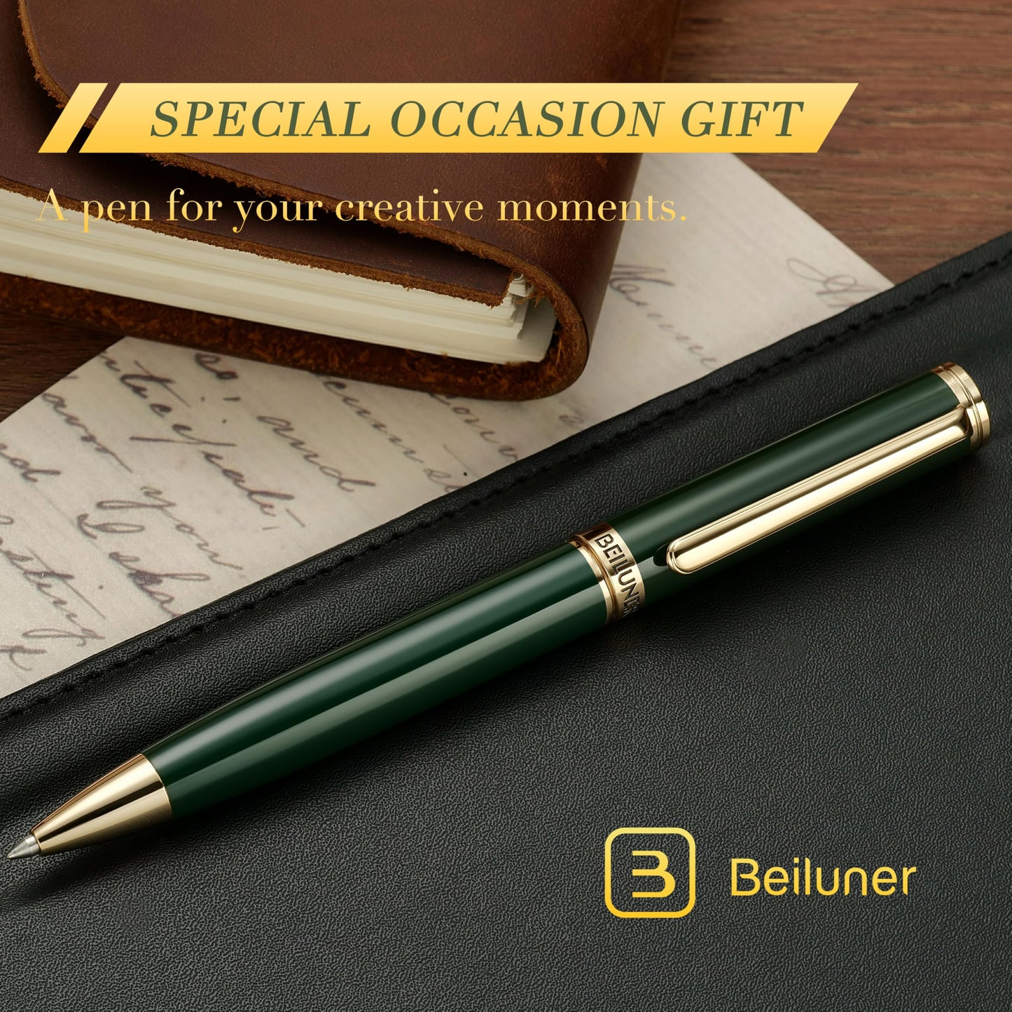 BEILUNER Luxury Gel Pen with 24K Gold Electroplating Finish, Green Piano Lacquer, Nice Craftsmanship, Best Gel Pen Gift Set for Men and Women, Professional, Office, Retractable, Designer Pens