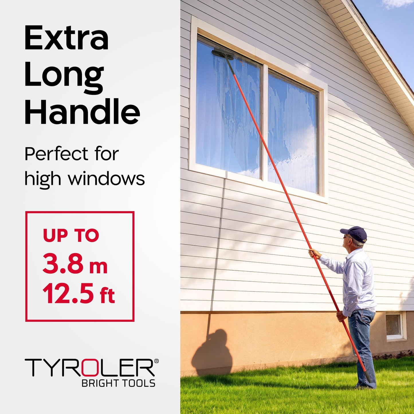 Tyroler 2-in-1 High Window Cleaning Tool | Window Squeegee Extendable with 3.8m 10-Part Handle | Squeegee Window Cleaner Tool Made of 100% Natural Rubber | Perfect Window Cleaning & Washing Kit