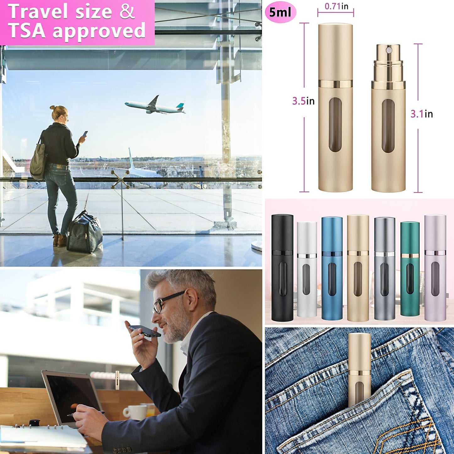 Qavhun Travel Perfume Atomizer - 4-Pack 5ml Leakproof Refillable Bottle, Fragrance Spray (Black, Gold, Blue, Pink)