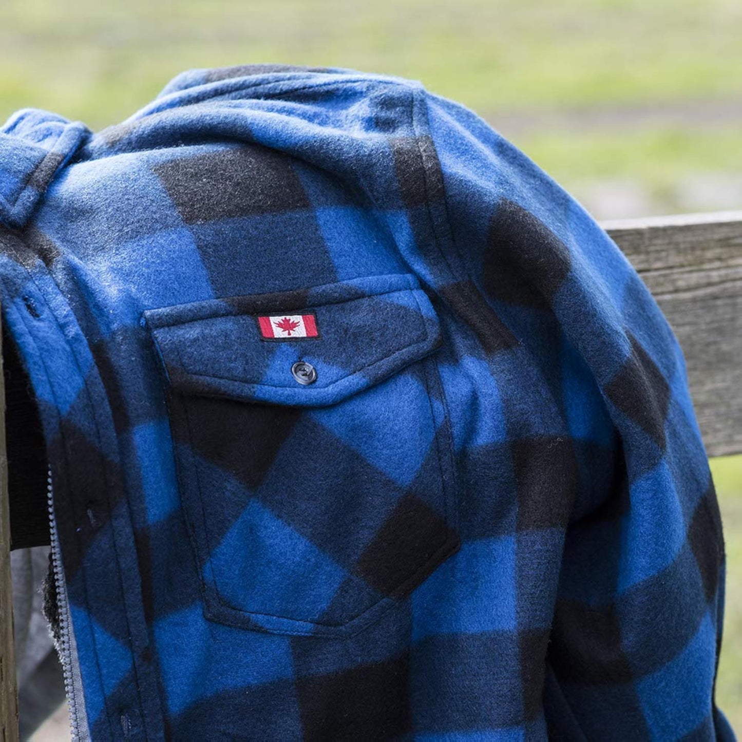 Pioneer Work Shirt – Quilted Fleece Lined Plaid Flannel Button Down Shirt Jacket with Hood for Men, Hidden Zipper Closure, 2 Pockets – Black & Blue