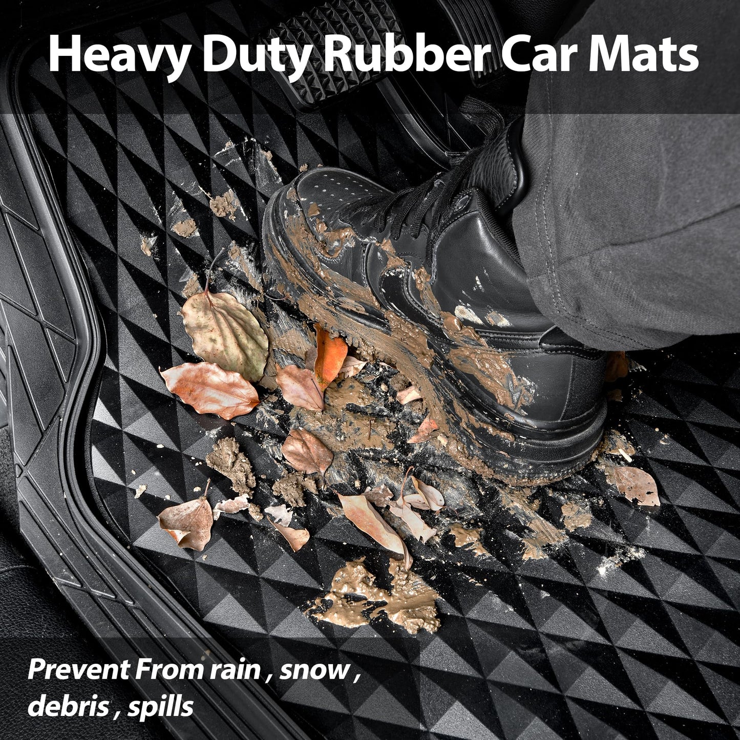 CAR PASS Rubber Car Floor Mats Full Set, Heavy Duty Deep Dish All-Weather Liners, 3D Anti-Slip Rhombus, Waterproof & Trim-to-Fit, Universal Fit for Cars, SUV & Truck, 3-Piece, Black