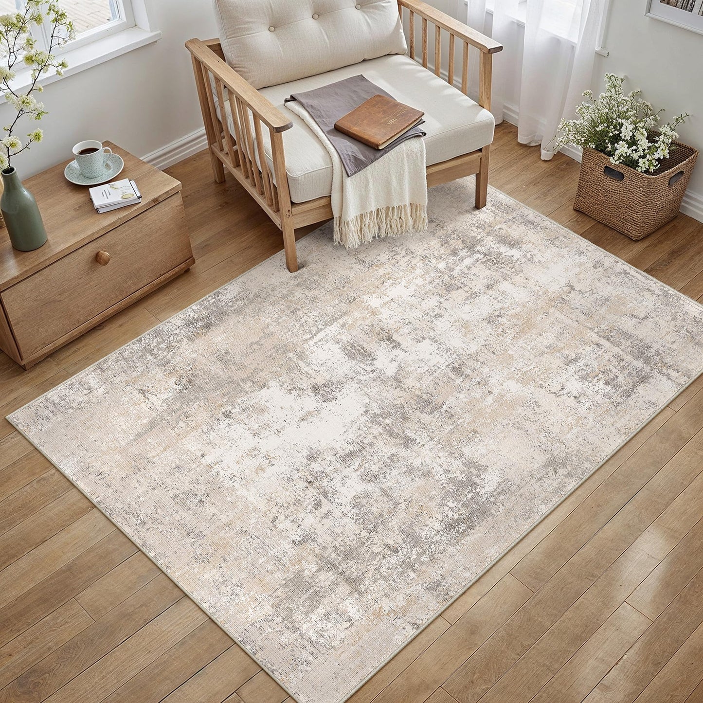 WondRg 3x5 Washable Area Rug for Entryway Non-Slip Beige Grey Neutral Carpet Low Pile Soft Thin Tapis Salon Abstract Modern Vacuumable Lightweight Small Door Mat for Entrance Kitchen Bedroom Indoor