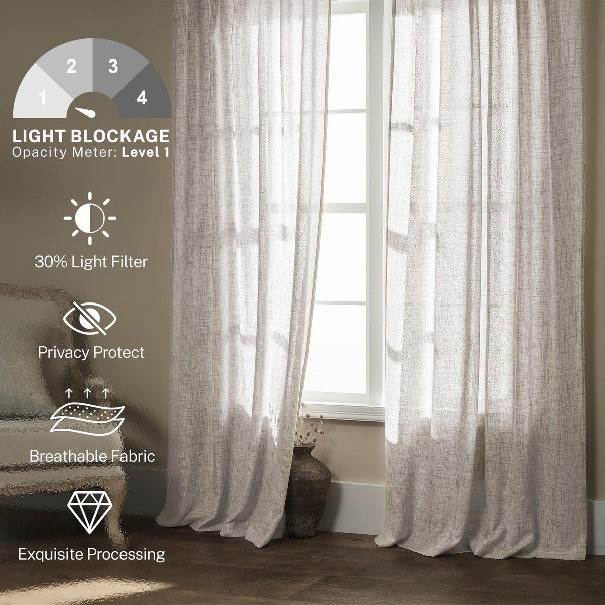 MEETBILY Curtains Panels for Back Tab Semi Sheer, Linen Textured Drapes Rod Pocket, Flax Curtains for Farmhouse/Bedroom/Living Room/Window Light tan(2-Pack, 50 x 84 inch Long)