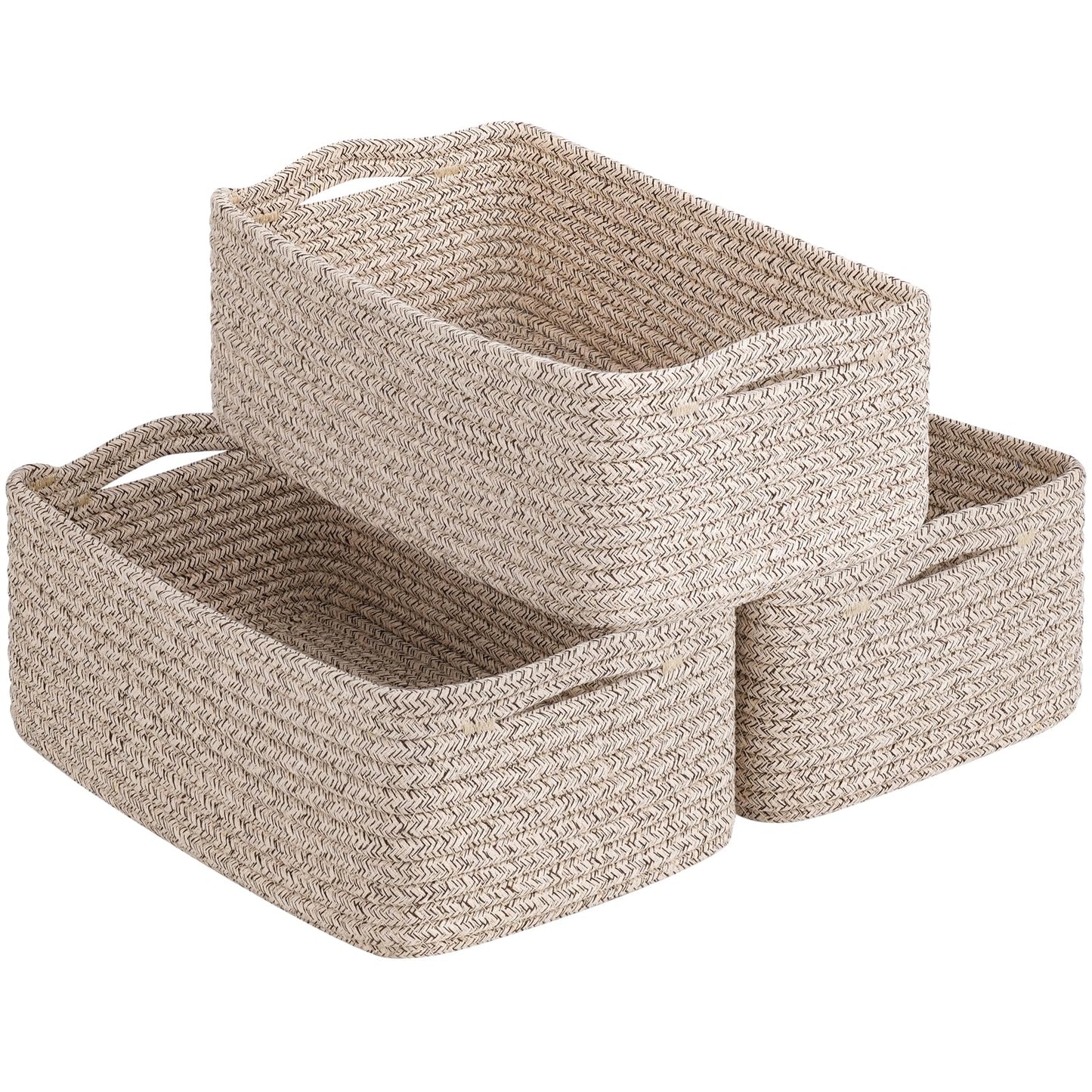 Goodpick Woven Storage Baskets, Small Baskets for Shelves, Closet, Organizer for Towels, Gifts, 3 Pack, White & Brown, 11 x 7 x 4.5 in