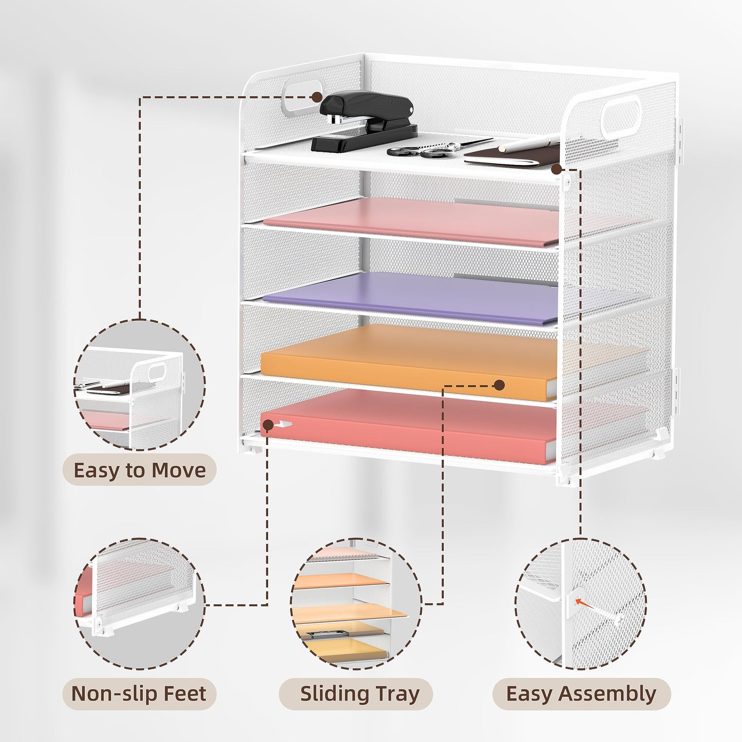 Supeasy 5 Trays Paper Organizer Letter Tray with Handle-Mesh Desk File Organizer, Paper Sorter for Office, Home or School, White