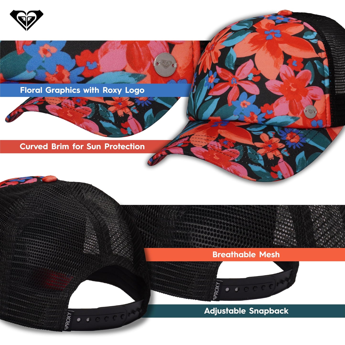 Roxy Women's Water Come Down Trucker Hat, Anthracite Floral Fiesta Big, One Size