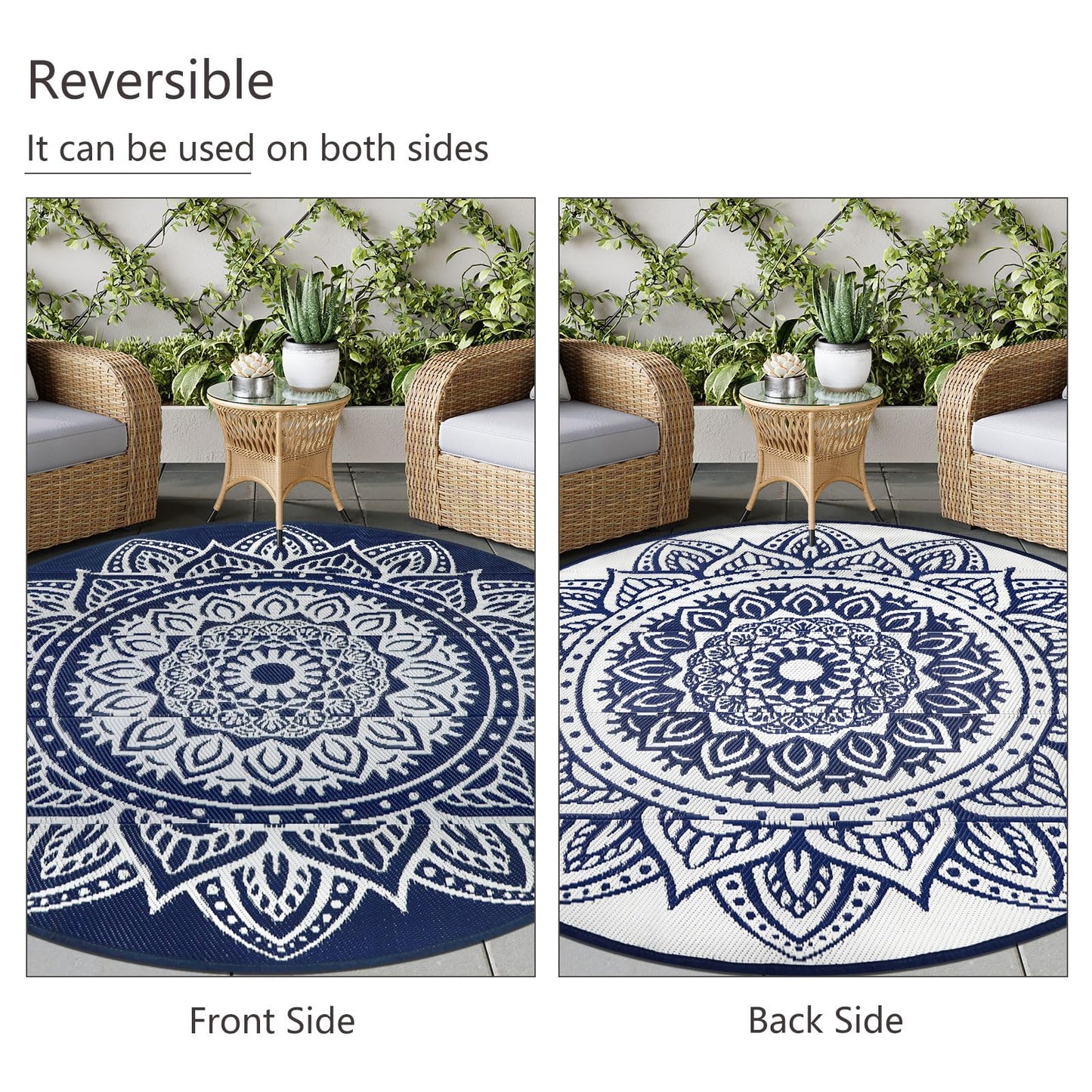 famibay Round Outdoor Area Rug Boho Mandala Plastic Patio Rug 6ft Navy