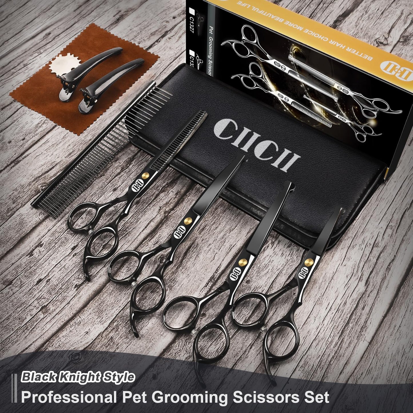 CIICII Dog Grooming Scissors Kit, 10-in-1 Professional Pet Grooming Scissors Set with Safety Round Tip (Dogs/Cat Hair Cutting Trimming Thinning Shears with Curved Scissors) for DIY Home Salon (Black)