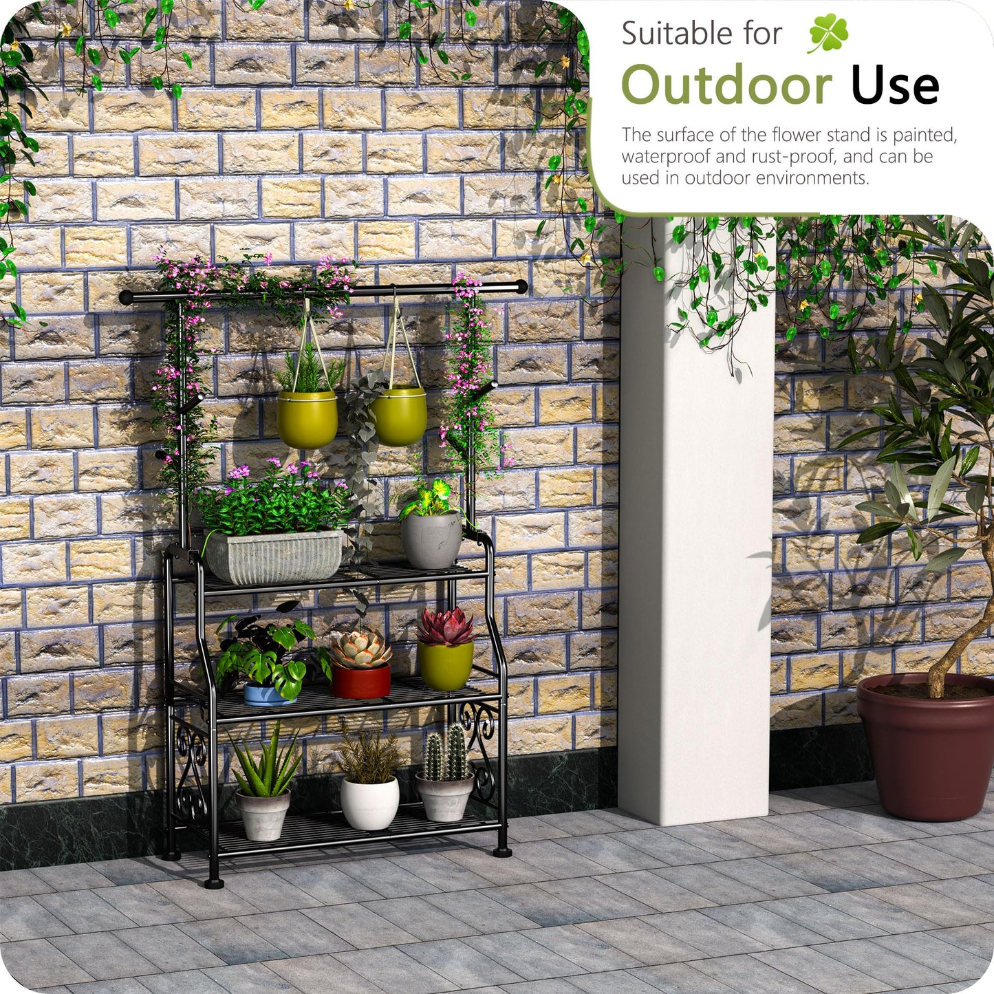 Outdoor Plant Stand 3-Tier Heavy Duty Metal Shelf for Patio & Indoor Use - Holds 14+ Plants with 5 Hooks, Rust-Proof Plant Holder for Garden, Balcony, Living Room, Black