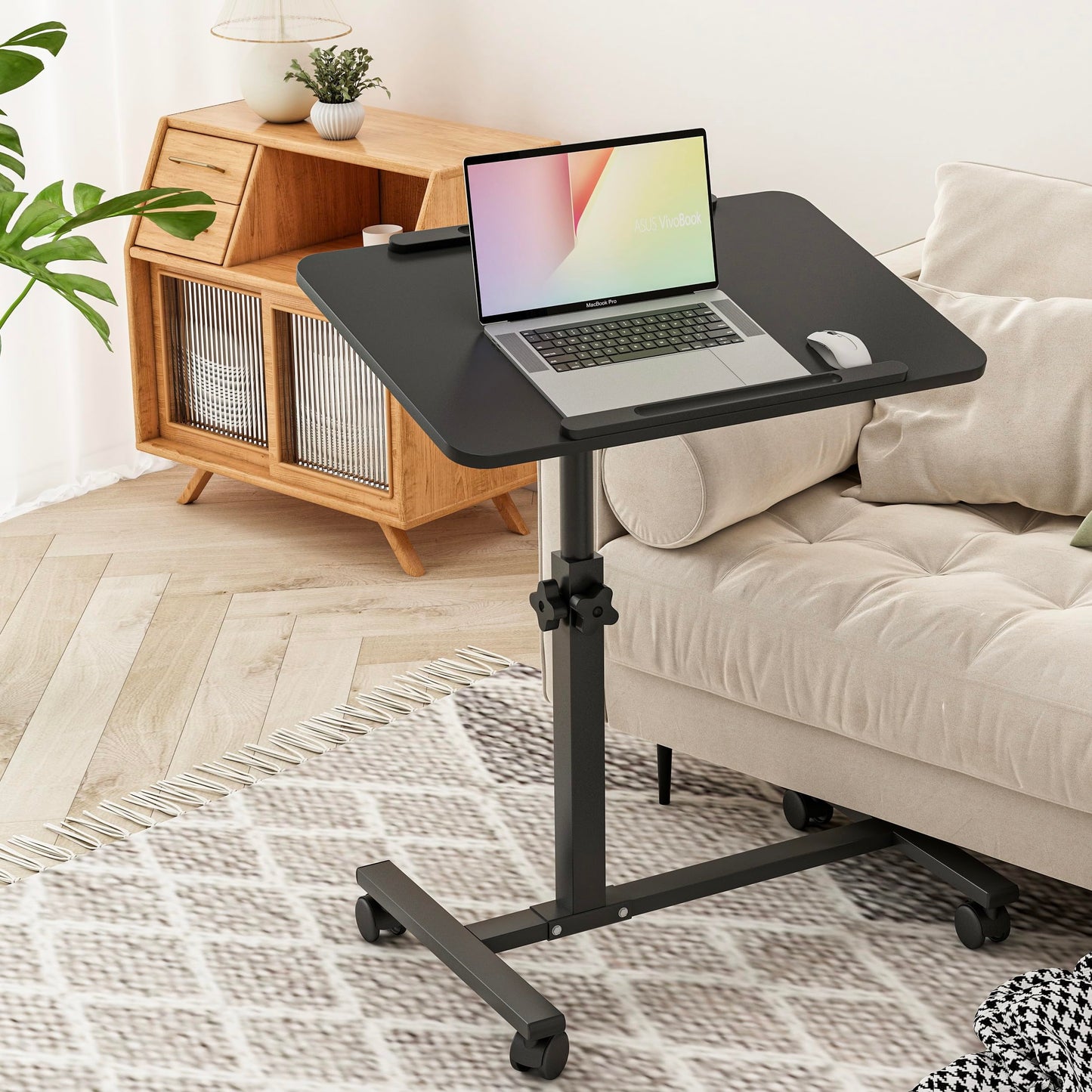 Furist Wheel Rolling Tray Height Adjustable Over Bedside Desk Tilting Sit-Stand Laptop Desk Cart Stand Tilt Table for Hospital&Home Use(Black)