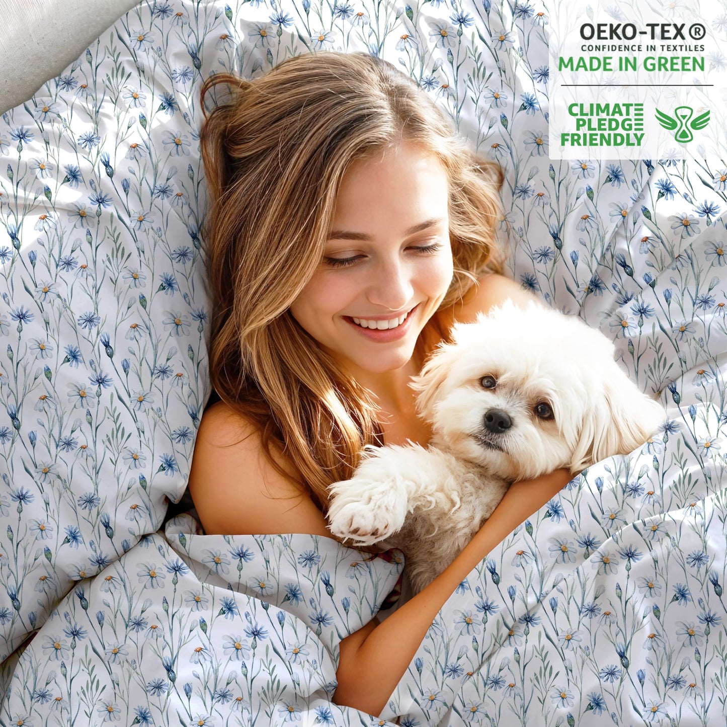 RUVANTI 100% Organic Cotton Sheets - Queen Sheet Set - 4 Piece Percale Weave Bedding, Crisp, Cooling & Breathable, Soft & Durable, 16" Deep Pocket, Hotel Quality Sábanas - Daisy Bud
