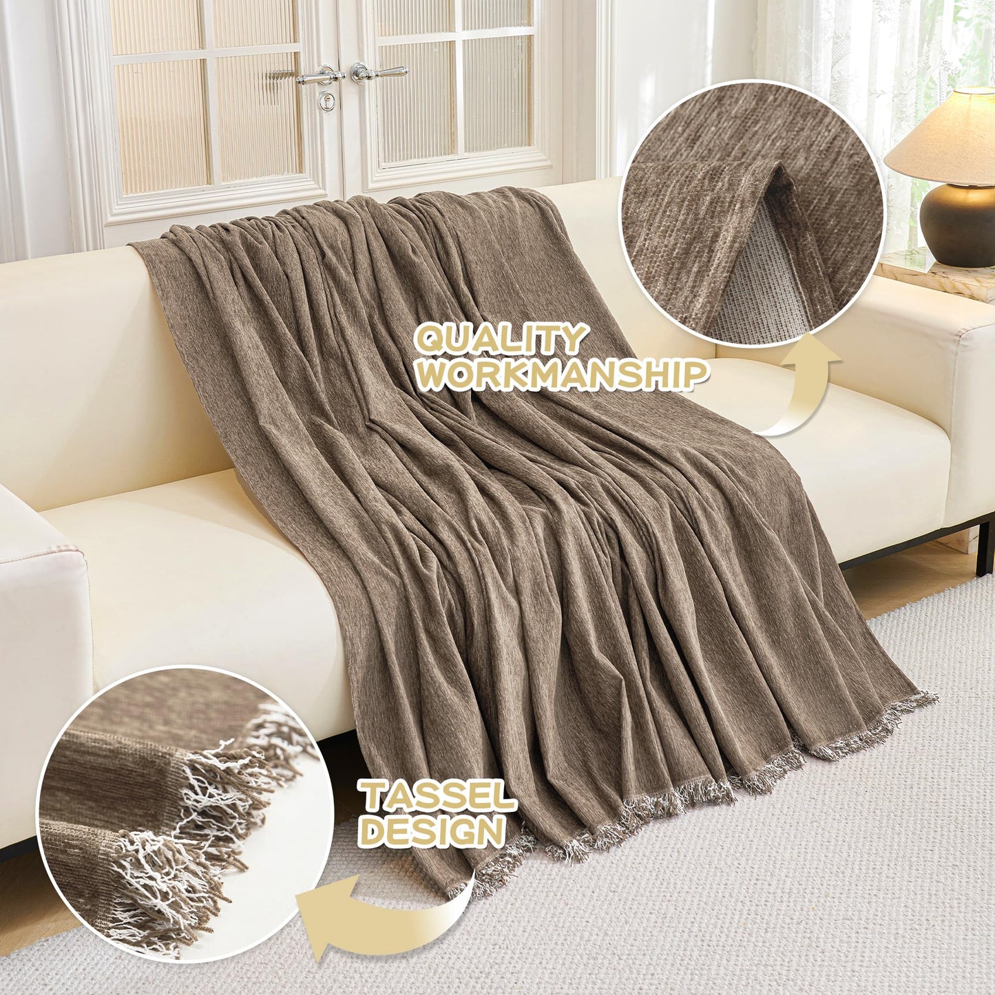 MYSKY HOME Couch Cover for Dogs, Washable Couch Covers, Non Slip Couch Sofa Cover, Couch Cover 2 Cushion Sofa Dogs Furniture Protector with Tassels Chenille Sofa Covers for Pets, 71"x118", Sand