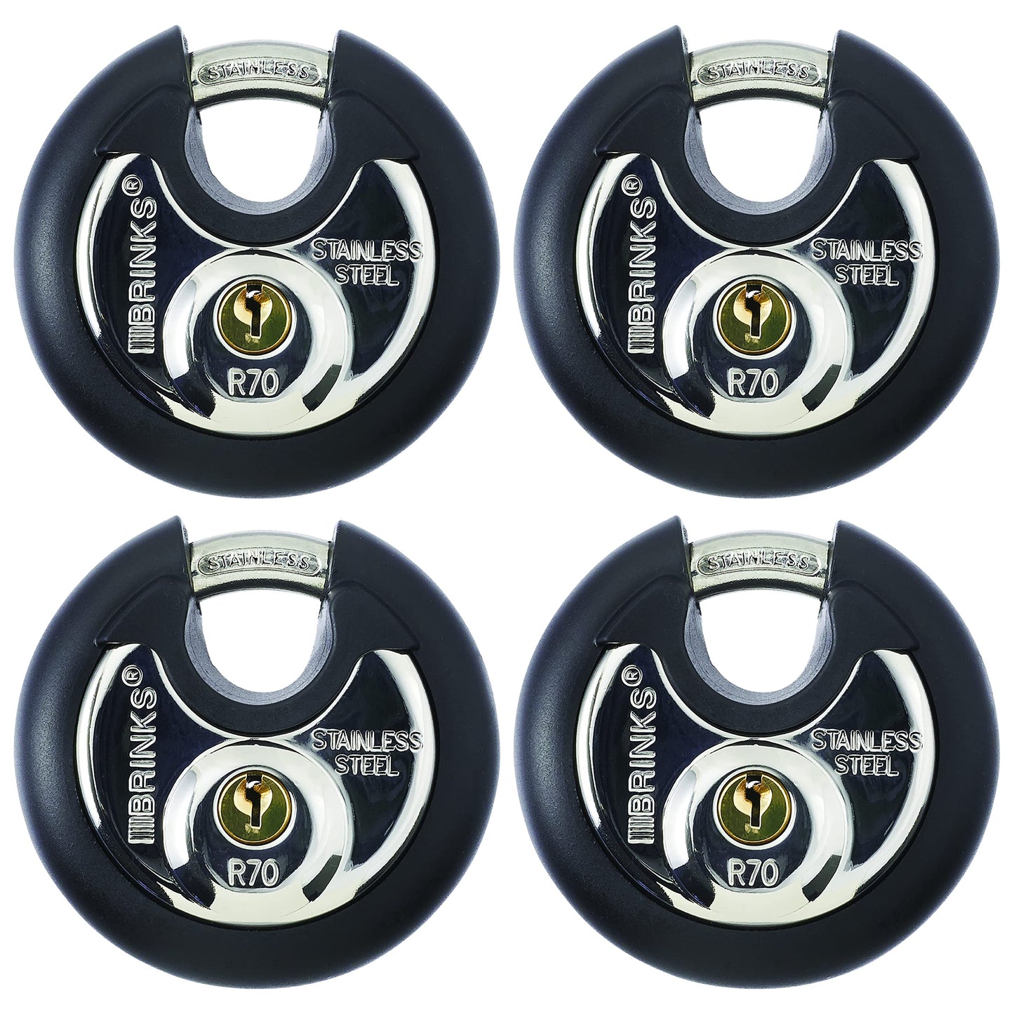 BRINKS - 70mm Commercial Stainless Steel Keyed Discus Padlock, 4-Pack - Stainless Steel Body and Shackle, Black