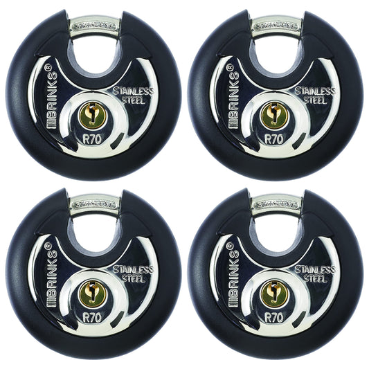 BRINKS - 70mm Commercial Stainless Steel Keyed Discus Padlock, 4-Pack - Stainless Steel Body and Shackle, Black