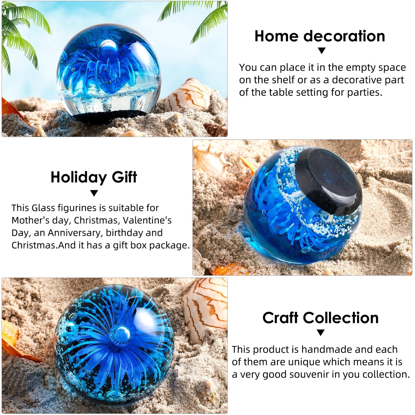 Hand Blown Glass Blue Flower Sphere Figurine, Blue Paperweight Ball, Sea Plant Ornament for Fish Tank Aquarium, Sea Plant Collection for Birthday Gift
