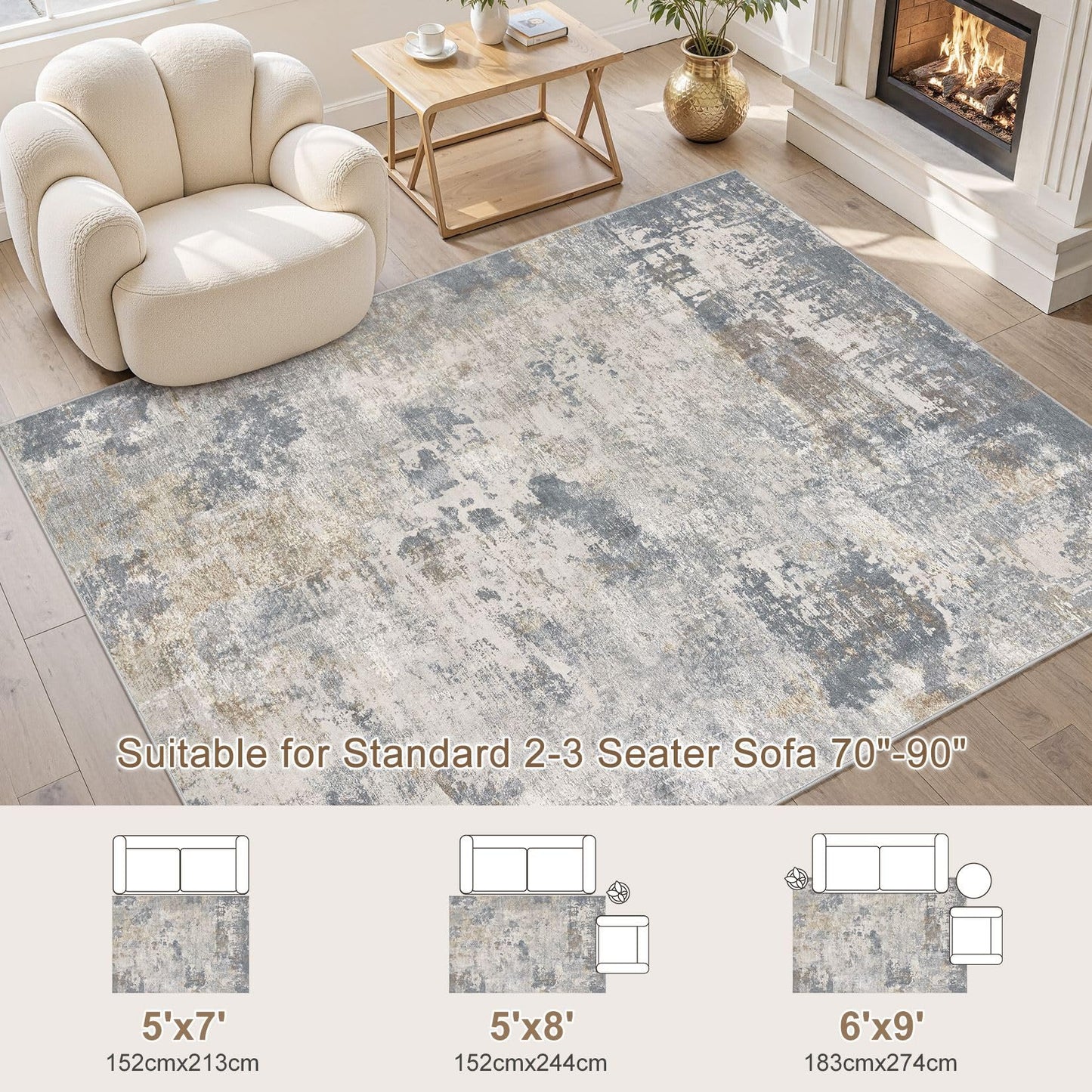 UERMEI 5x7 Area Rug Living Room Rugs - Washable Neutral Modern Abstract Soft Thin Large Rug Indoor Floor No Slip Rug Carpet for Bedroom Under Dining Table Home Office Decor - Blue Grey