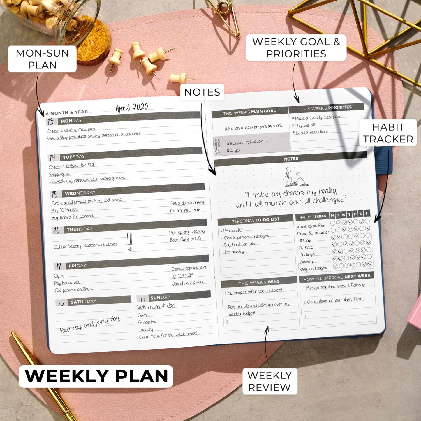 Clever Fox 2020 Mystic Blue A5 Weekly Planner - Undated, Starts Anytime, Lasts 1 Year, Goal Setting, Time Management, Gratitude Journal