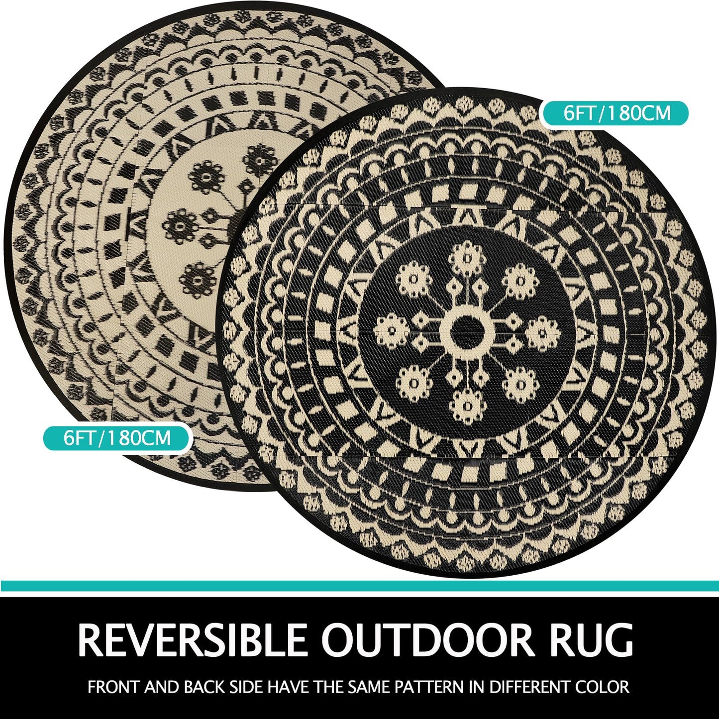Capslpad 6'x6' Outdoor Rug for Patio Reversible Mat Waterproof Plastic Straw Rug Boho Circle Indoor Outside Area Rug for RV Camping Picnic Pool Tent Balcony Beach Deck Doormats Decor