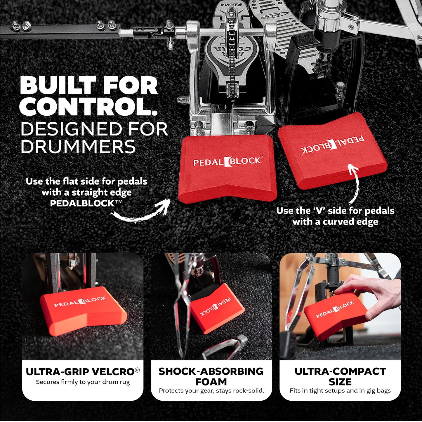 KickBlock PedalBlock – Drum Pedal Anchor for Hi-Hat Stand, Double Kick, Keyboard and Electronic Bass Drum Pedals – Prevents Slide with Shock-Absorbing Grip – Brick Red (Set of 2)