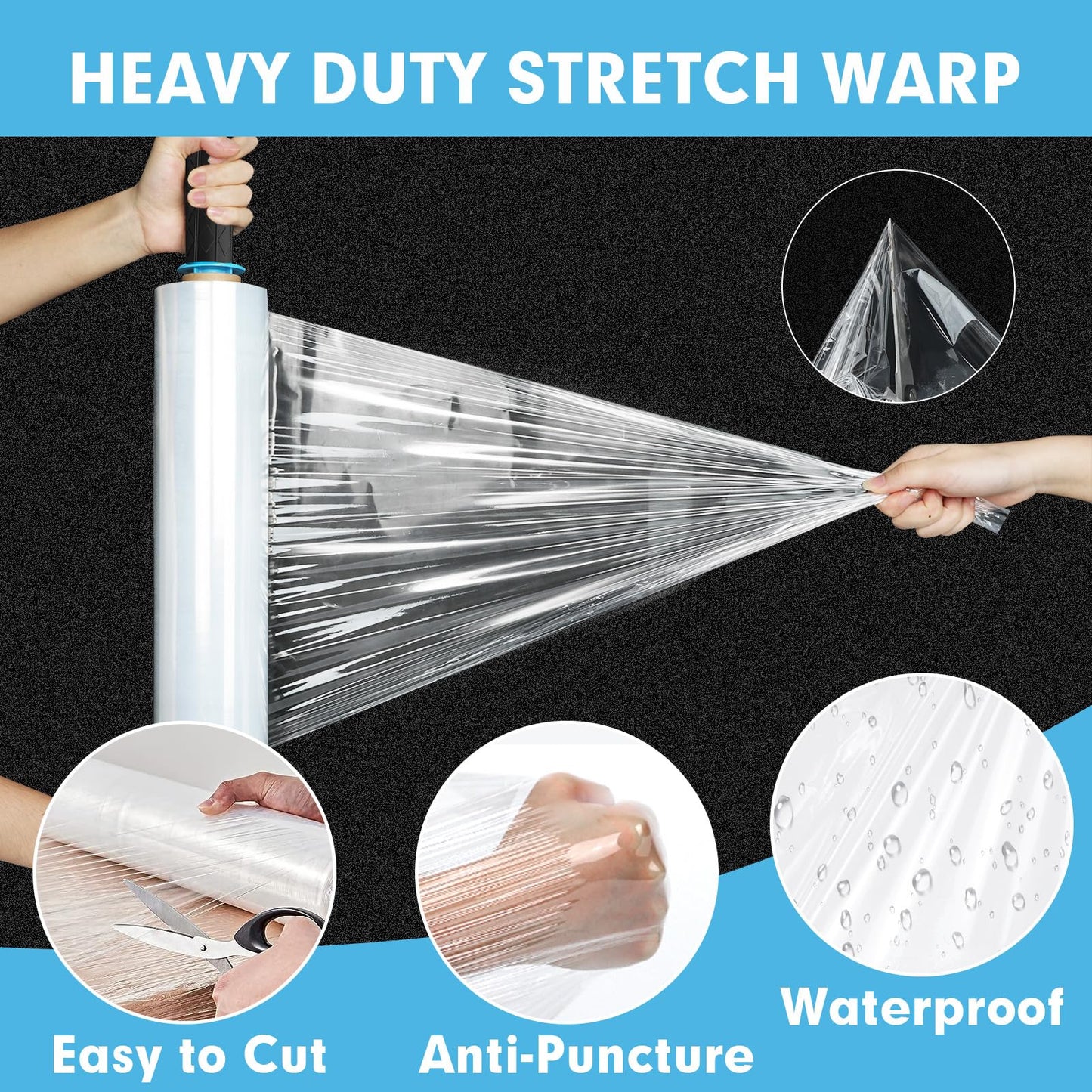 PANDRI Stretch Film, 15" x 1200 Ft per Roll Stretch Wrap Clear Shrink Wrap with Handles, Plastic Wrap for Moving Pallet Wrap, 4 Pack, 60 Gauge, 2 Handles