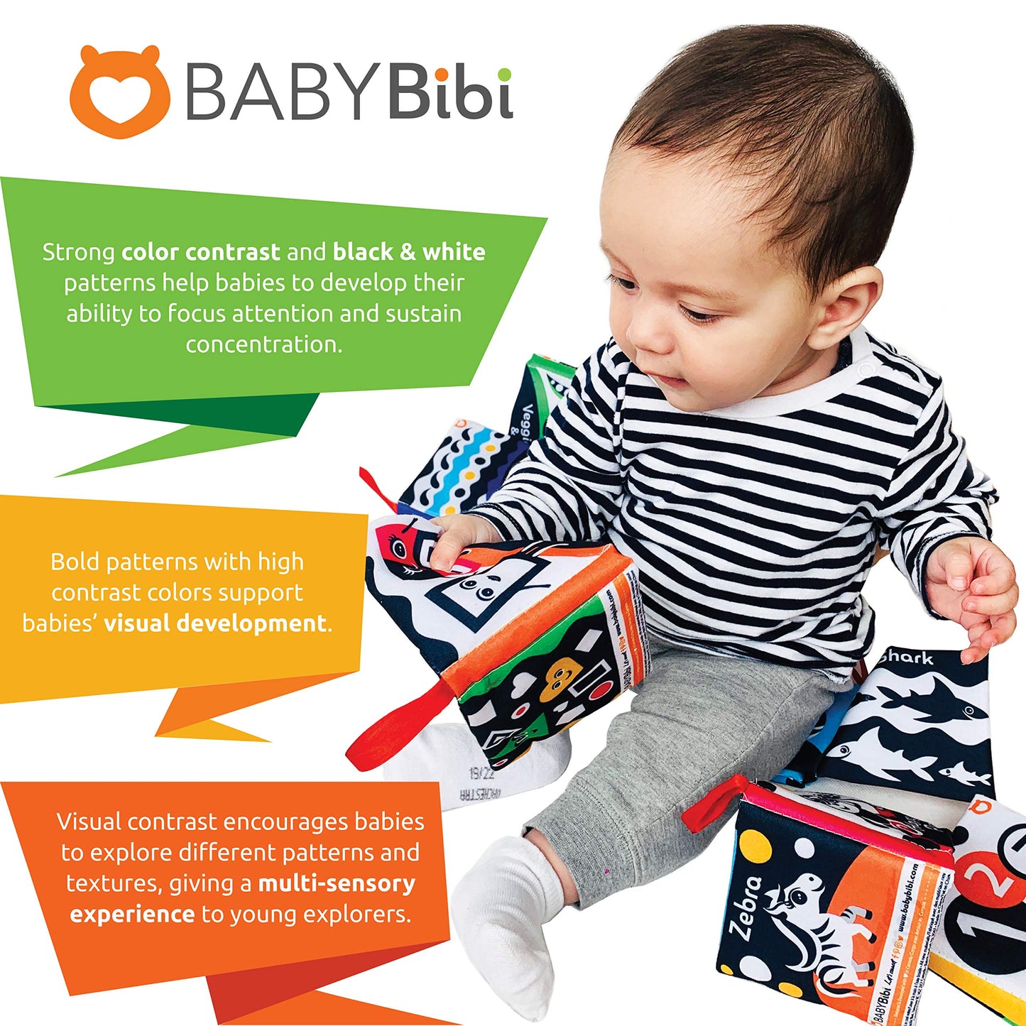 BabyBibi Cloth Books (Set of 6). High Contrast Soft Books. Black and White Images Encourage Infant Development – Suitable for Babies and Toddlers from 0+ Months – ASTM Certified