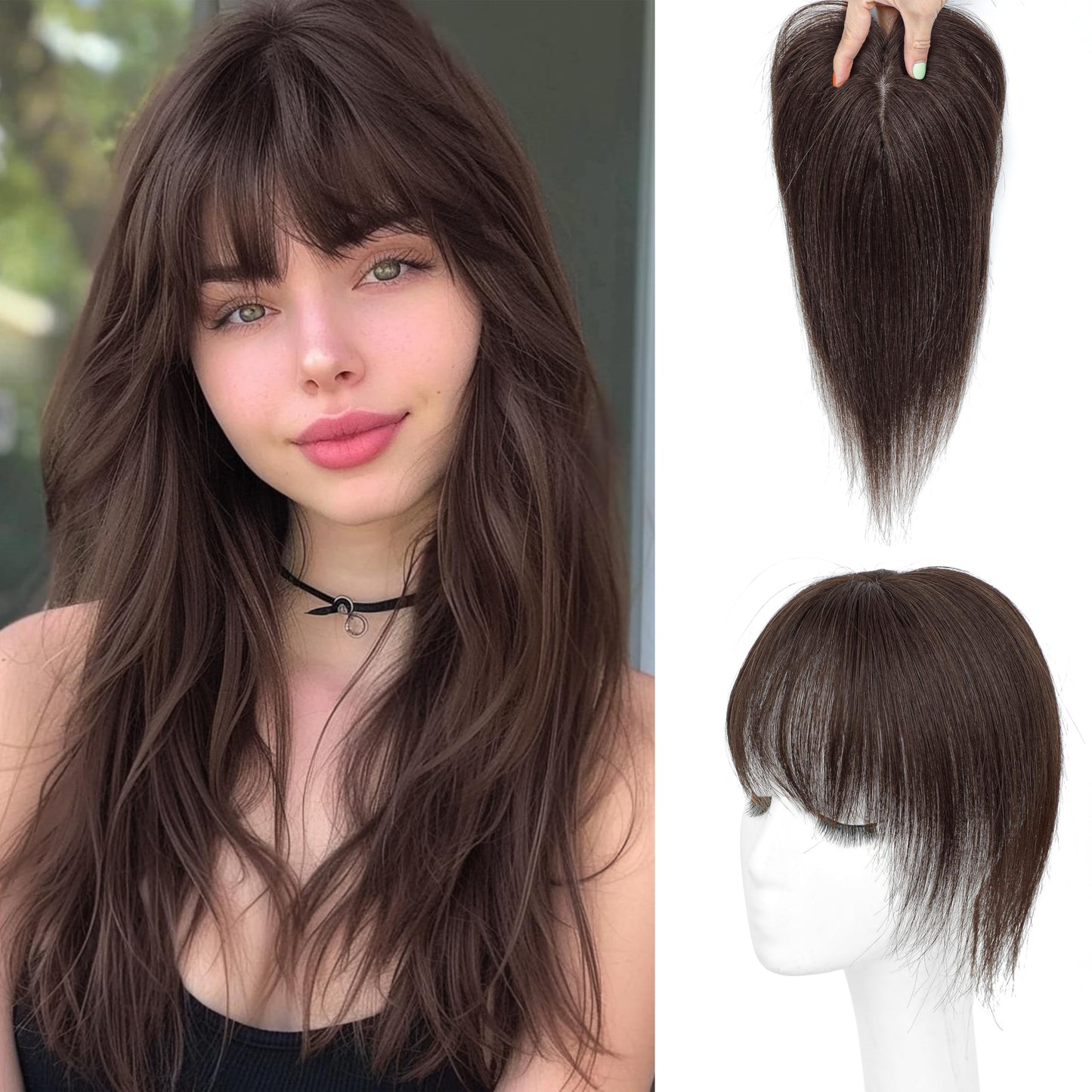 BUPPLER Hair Toppers for Women Real Human Hair-U Shape Toppers Hair Pieces for Women with Thinning Hairr 150% Density Silk Base Clip in Human Topper with Bangs for Daily Use(Dark Brown）