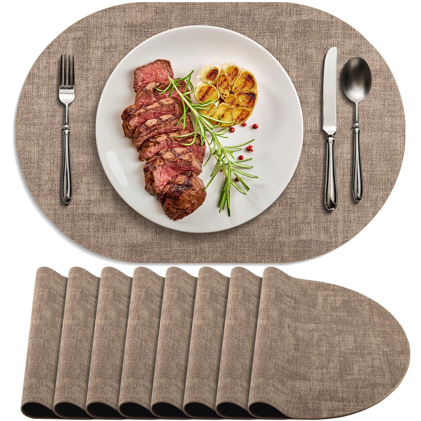 BIPASION Oval Placemats Set of 8 for Dining Table Heat-Resistant - Waterproof, Anti-Slip, Washable Table Placemats - Premium Leather PlaceMat as Stylish Home Decor, Khaki