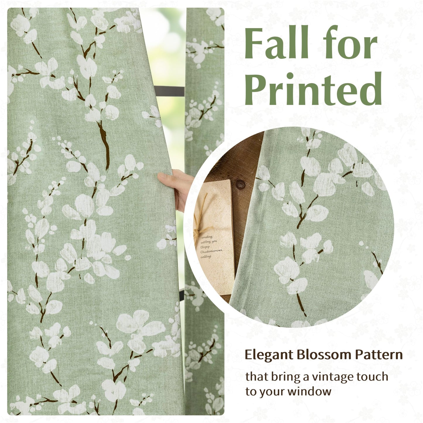 FMFUNCTEX 100% Blackout Curtains 84 Inch Long for Living Room Green and White Floral Blossom Print Curtains Farmhouse Thermal Insulated Drapes for Bedroom Grommet Window Curtains 2 Panels Sage Green