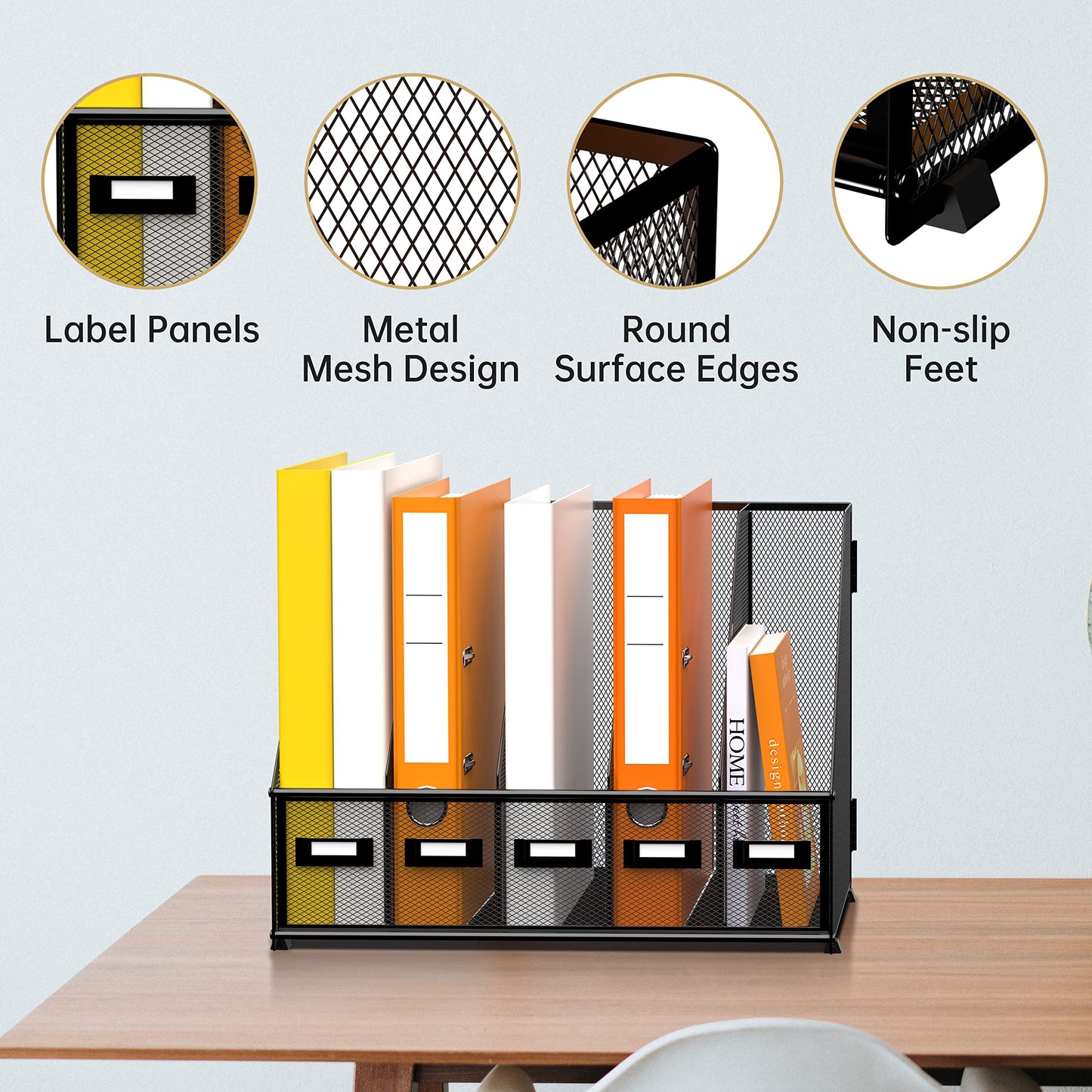 DALTACK Desk Organizers Magazine Binder Folder Holder with 5 Vertical Compartments File Organizer for Office Home School Organization, Metal Mesh, Black, 16.14"L x 9.84"W x 12.6"H