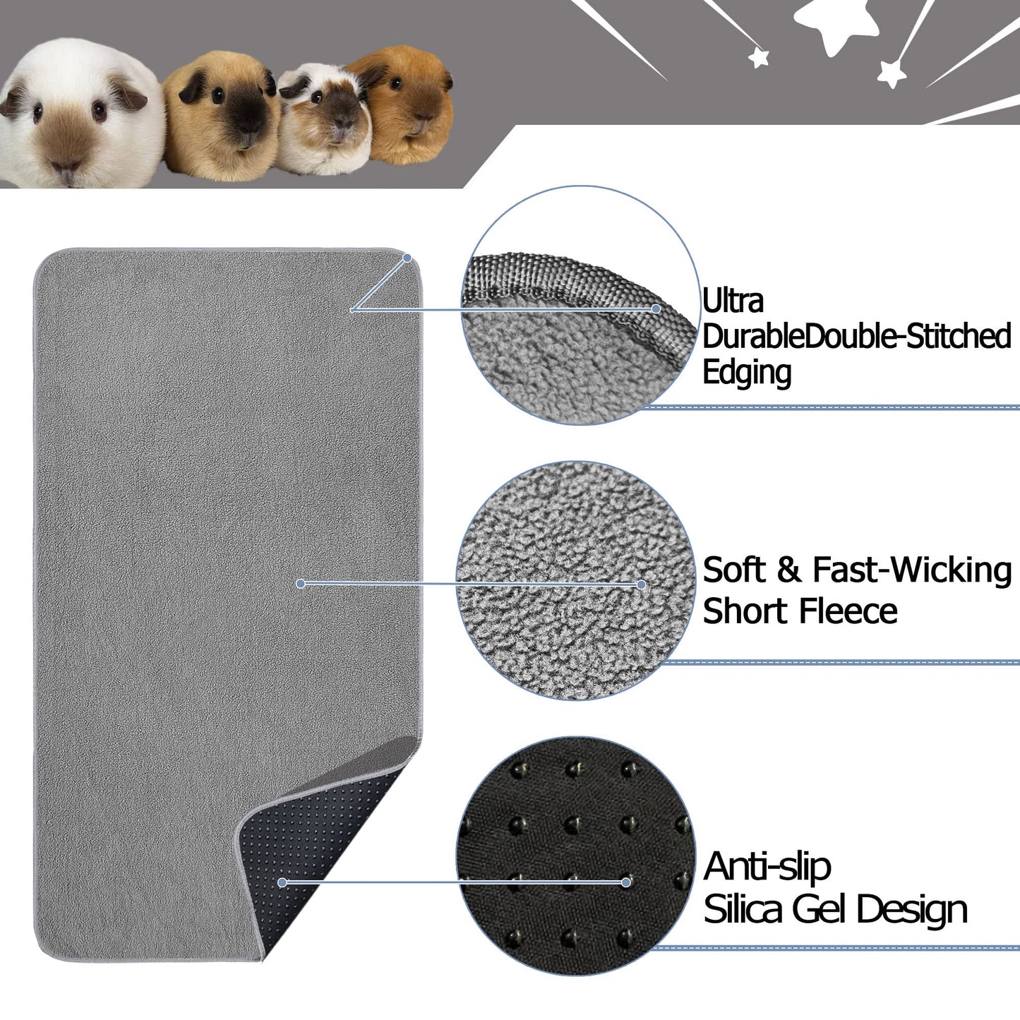 GINIDEAR Guinea Pig Cage Liner, Washable & Reusable Leakproof Fleece Guinea Pig Bedding Pads for Midwest and C&C Cages with Anti-Slip Bottom. for Midwest(27"x51"), 2 Pack