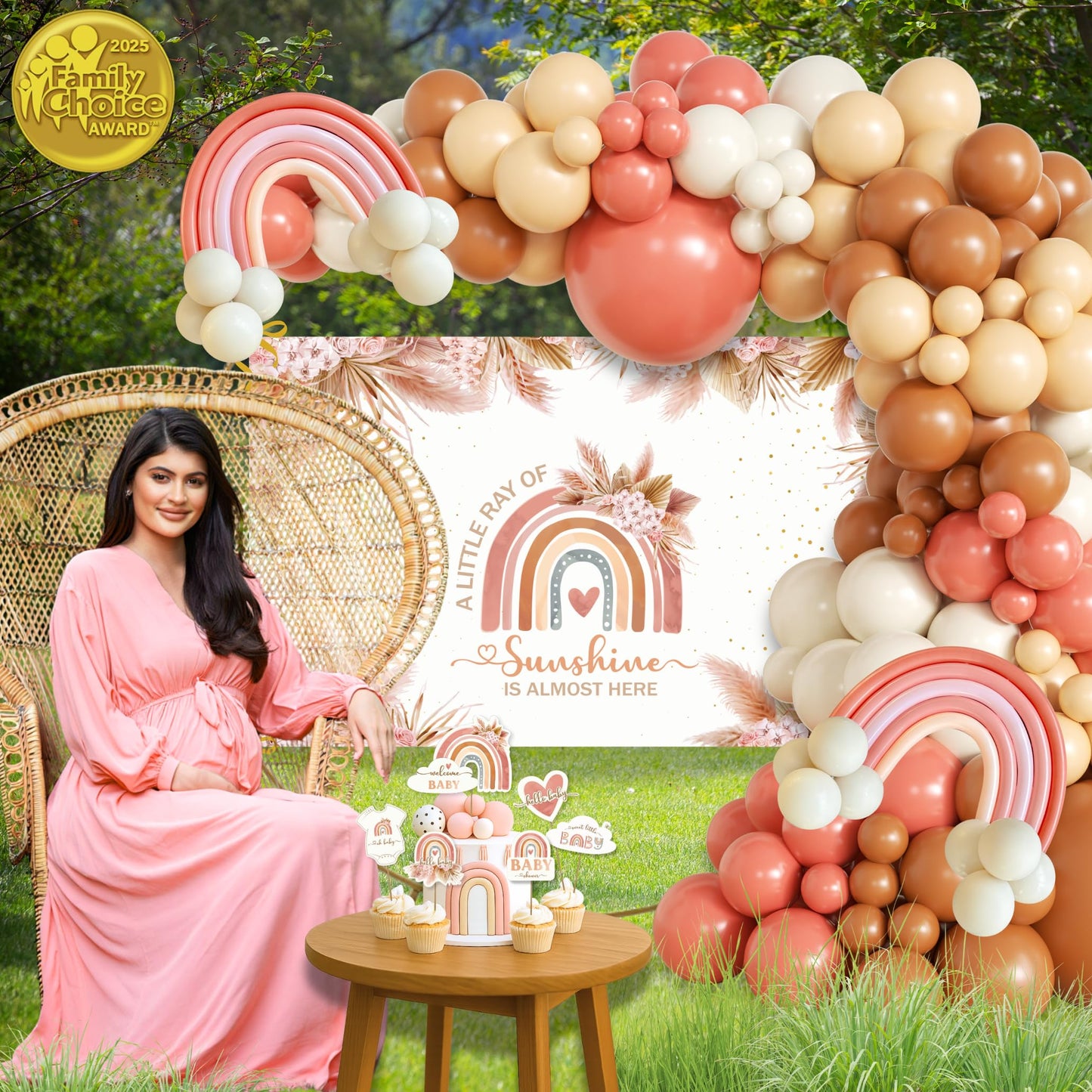 408 PC Boho Baby Shower Decorations for Girl - Backdrop, Balloon Arch Garland, Plates, Napkins, Straws, Sash, Cake Toppers, Guestbook, Confetti, Favor Stickers - Rainbow Baby Shower Decorations